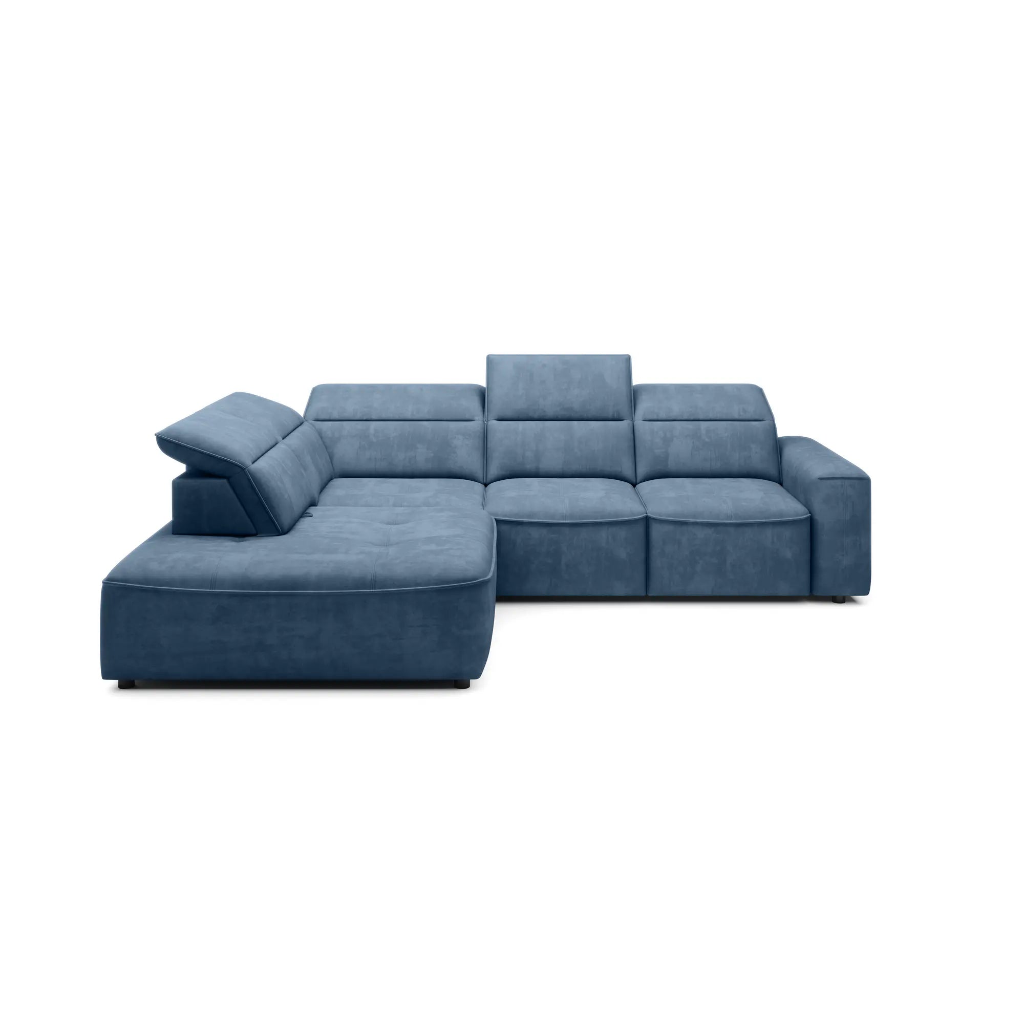 Coltar COLOMBO L, sezlong stanga, stofa catifelata albastru - Palladium 13, Gama Premium, cu lada depozitare, reglaj electric, tetiere, spatar si sezut reglabile, 296x227x103 cm