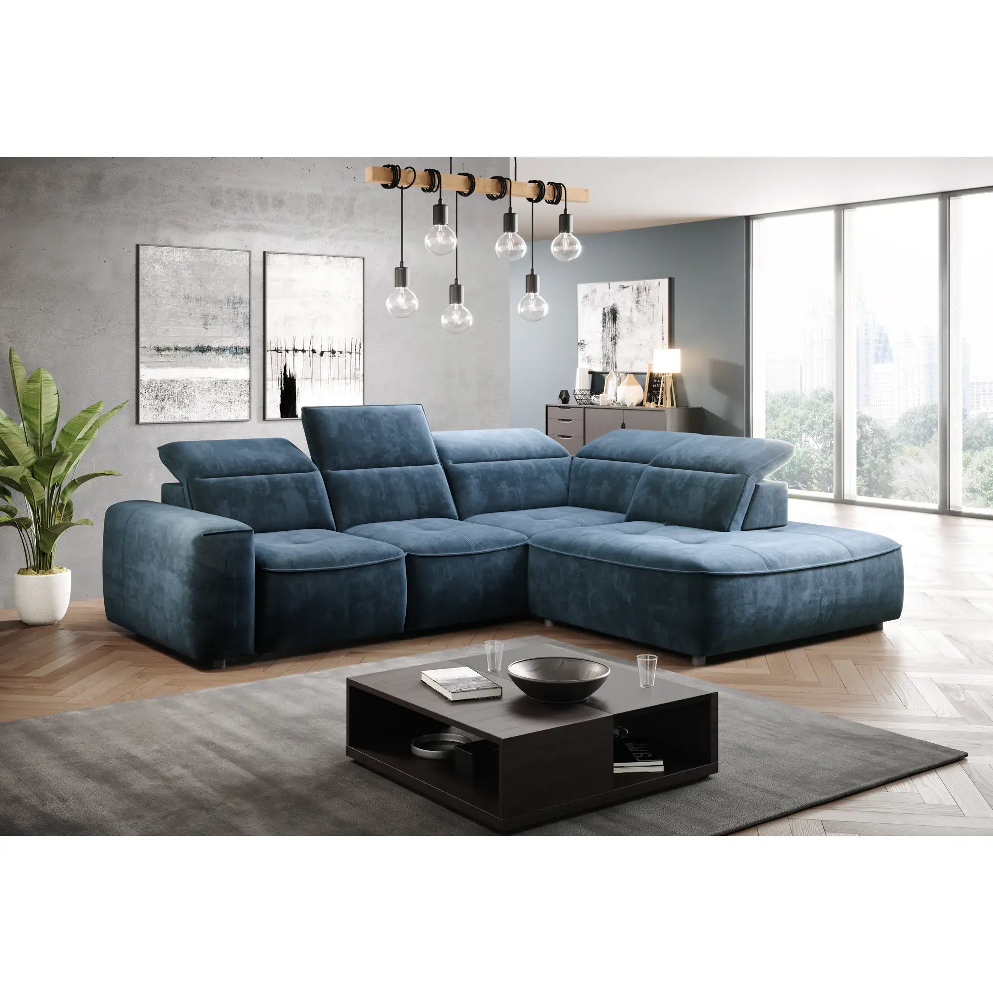 Coltar COLOMBO L, sezlong dreapta, stofa catifelata rosu bordo - Crown 06, Gama Premium, cu reglaj electric, tetiere reglabile si lada depozitare, 296x227x103 cm