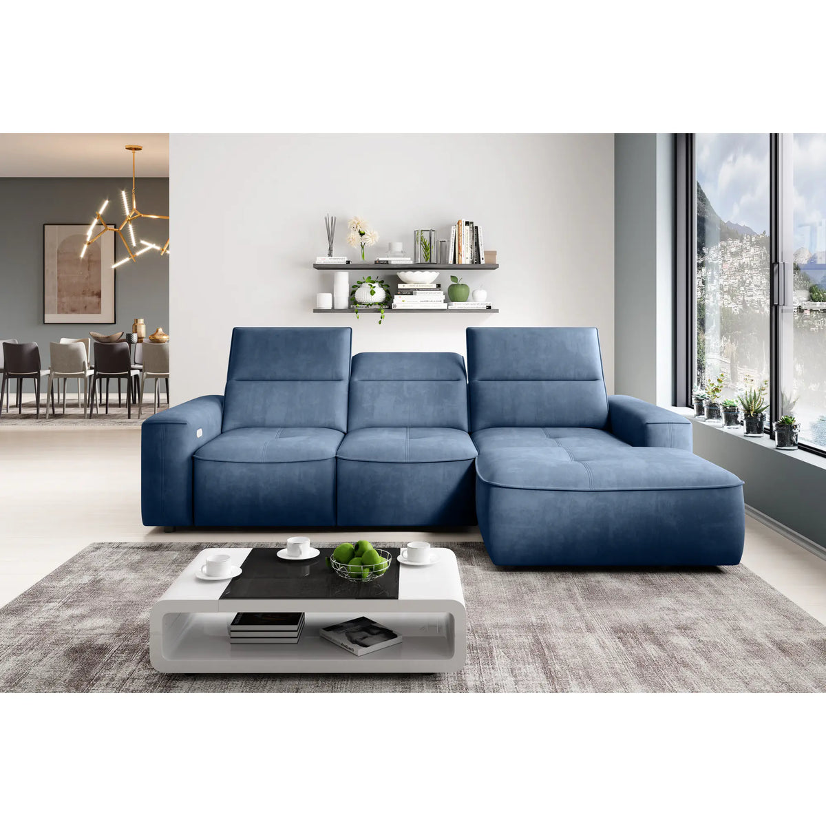 Coltar COLOMBO MINI, personalizabil materiale gama Oferta Avantaj, cu reglaj electric, tetiere reglabile si lada depozitare, 275x182x103 cm