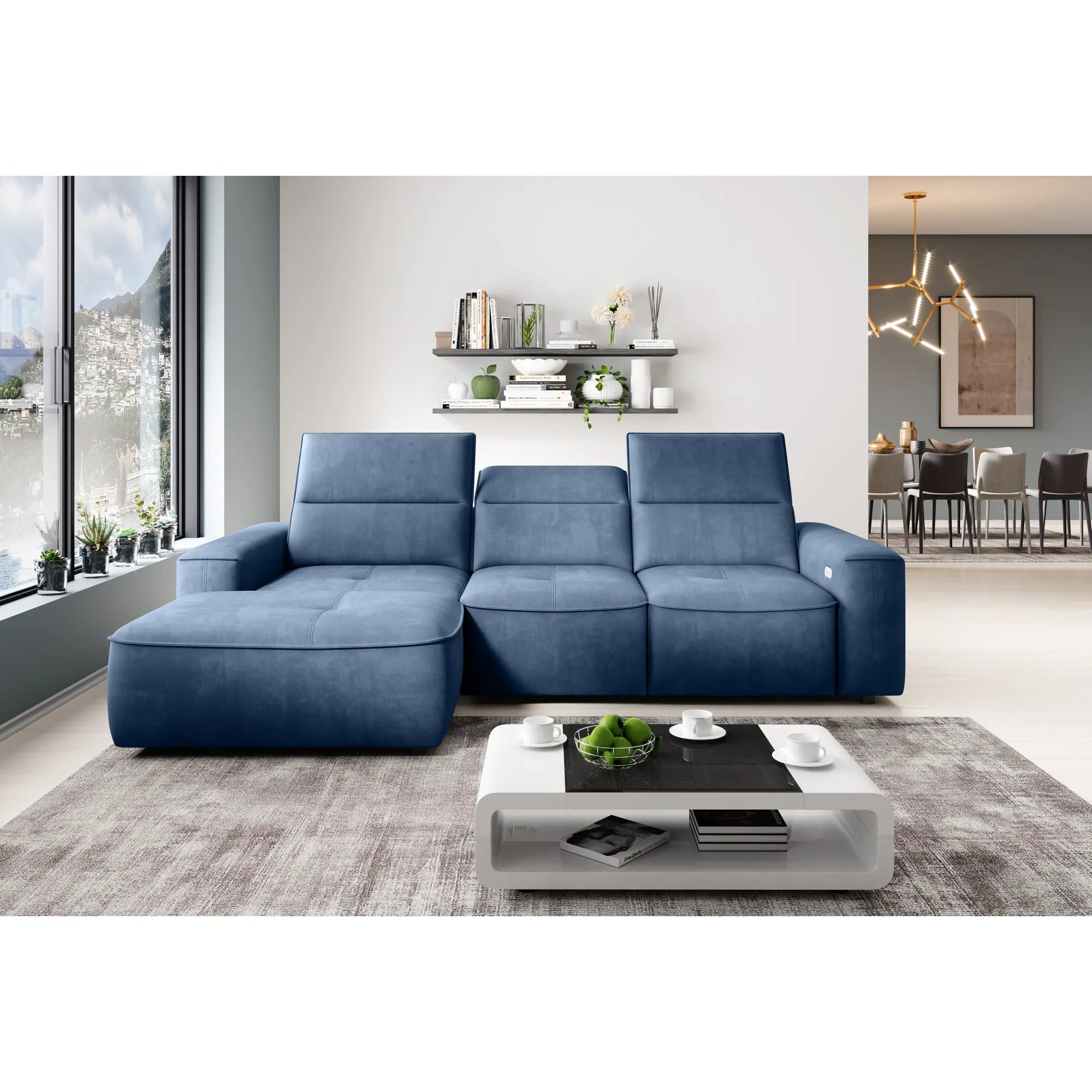 Coltar COLOMBO MINI, sezlong stanga, stofa catifelata bej - Whisper 03, Gama Premium, cu reglaj electric, tetiere reglabile si lada depozitare, 275x182x103 cm
