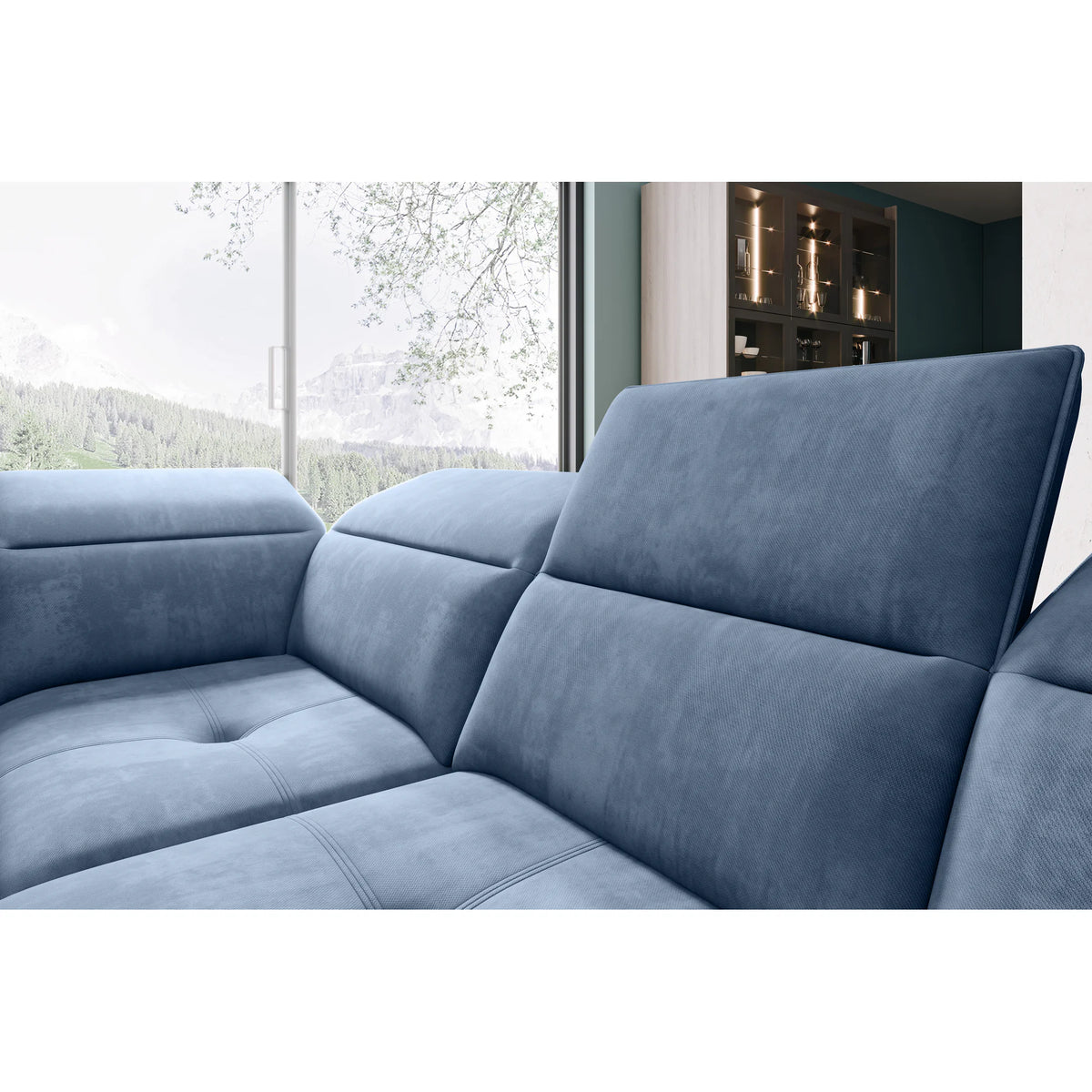 Coltare living in forma de U COLOMBO XL, sezlong dreapta, stofa catifelata crem - Salvador 1, Gama Premium, cu reglaj electric si lada depozitare, 376x227x103 cm