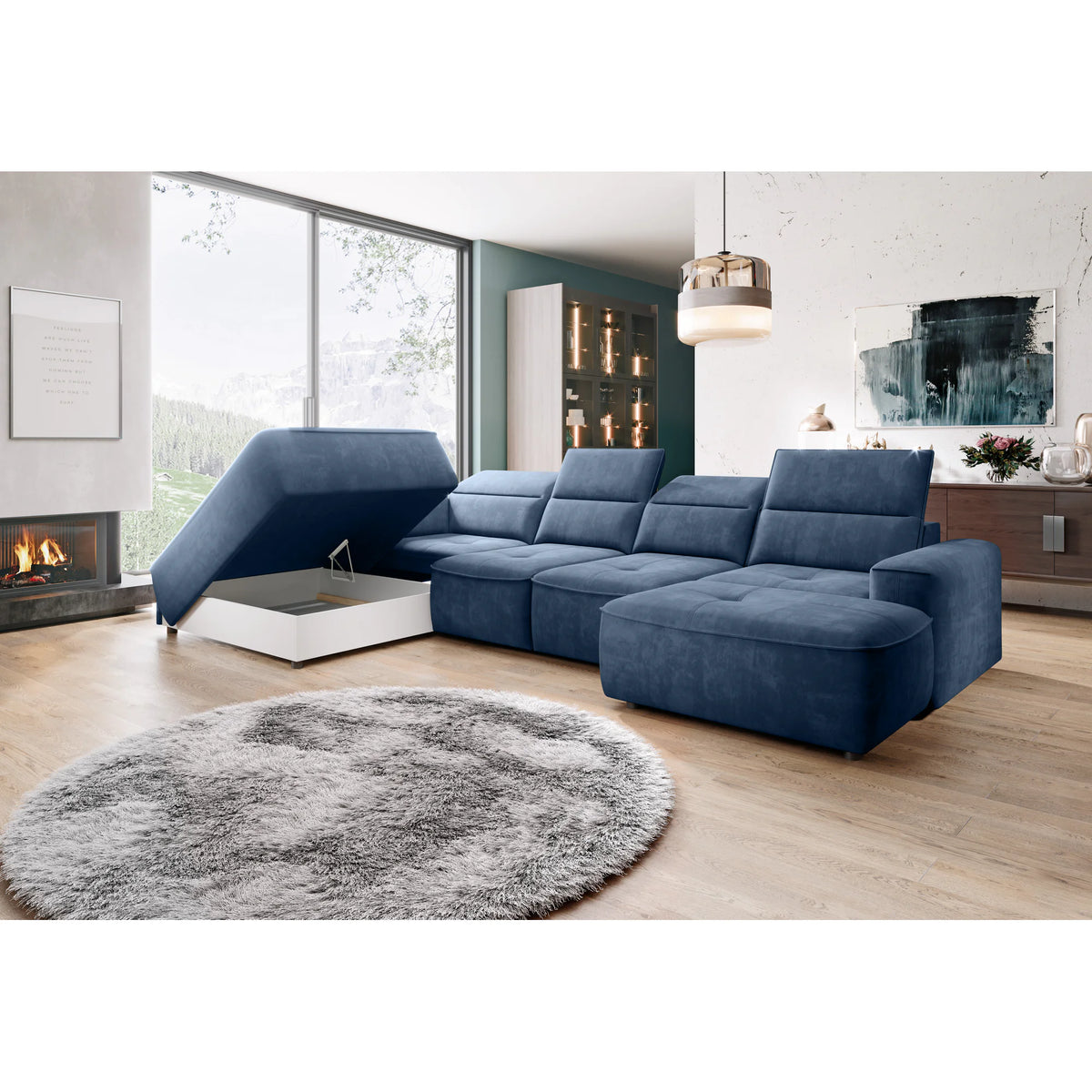 Coltare living in forma de U COLOMBO XL, sezlong dreapta, stofa catifelata crem - Salvador 1, Gama Premium, cu reglaj electric si lada depozitare, 376x227x103 cm