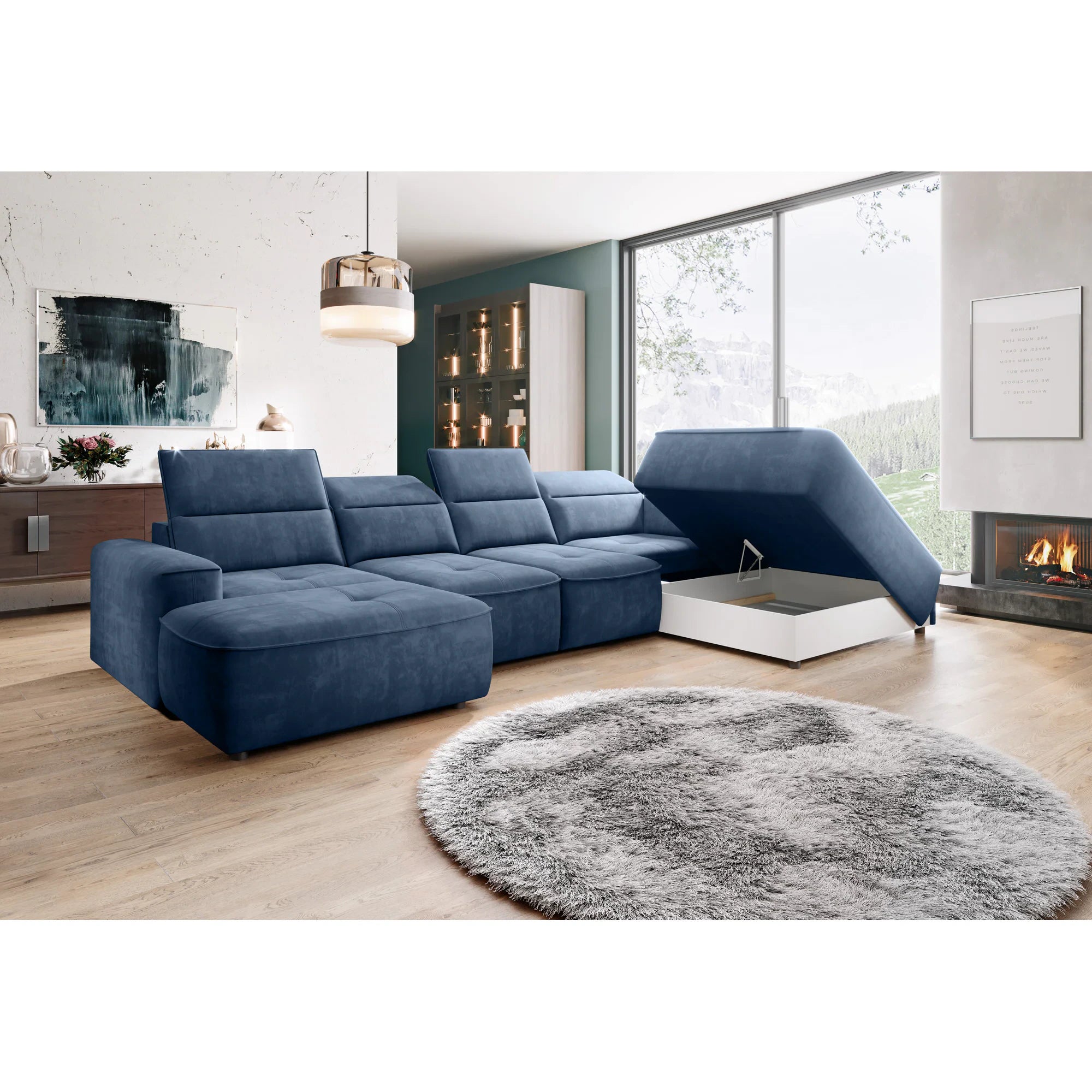 Coltar living in forma de U COLOMBO XL, sezlong dreapta, stofa catifelata gri - Salvador 14, Gama Premium, cu reglaj electric si lada depozitare, 376x227x103 cm
