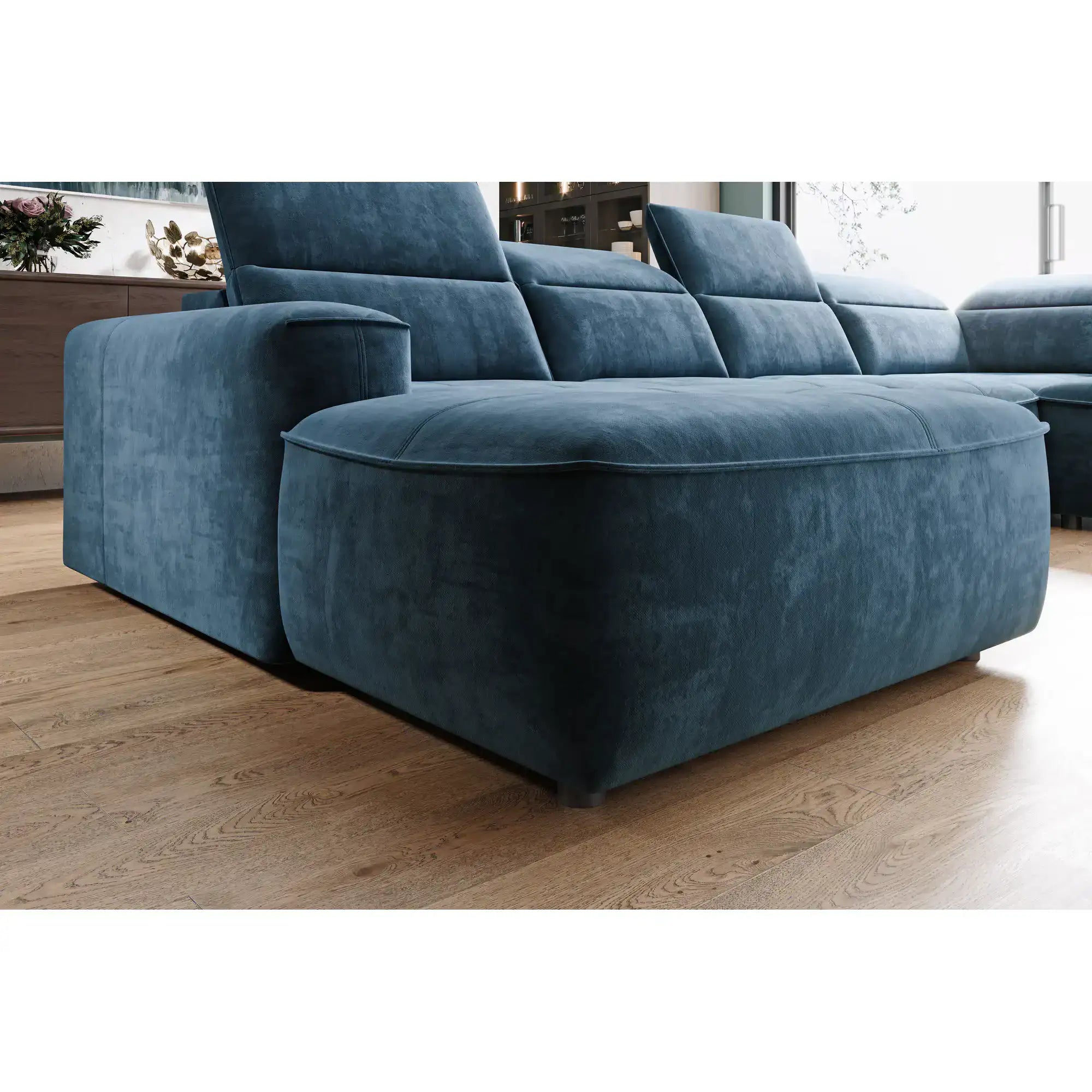 Coltar living in forma de U COLOMBO XL, sezlong dreapta, stofa catifelata gri - Salvador 14, Gama Premium, cu reglaj electric si lada depozitare, 376x227x103 cm