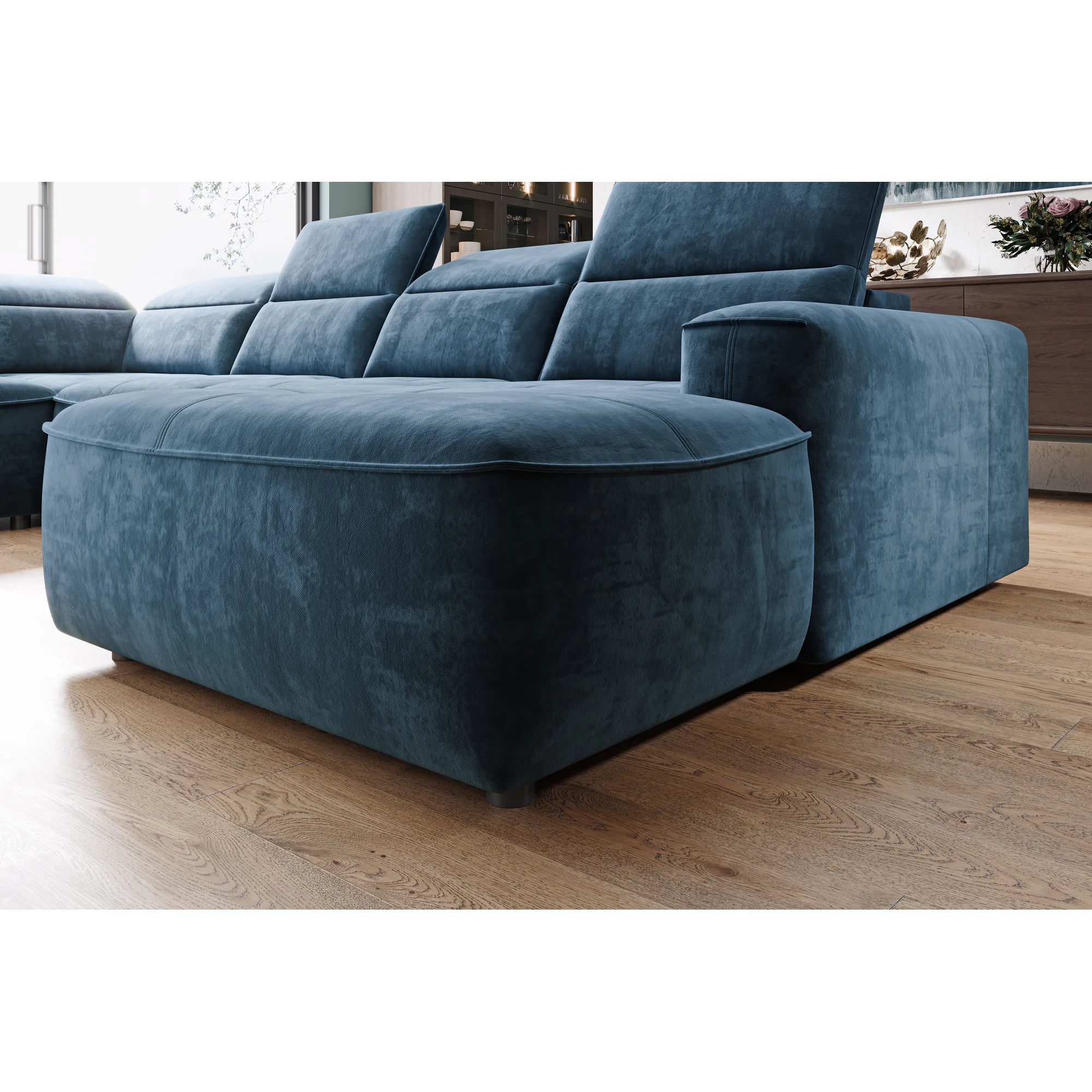 Coltare living in forma de U COLOMBO XL, sezlong dreapta, stofa catifelata crem - Salvador 1, Gama Premium, cu reglaj electric si lada depozitare, 376x227x103 cm