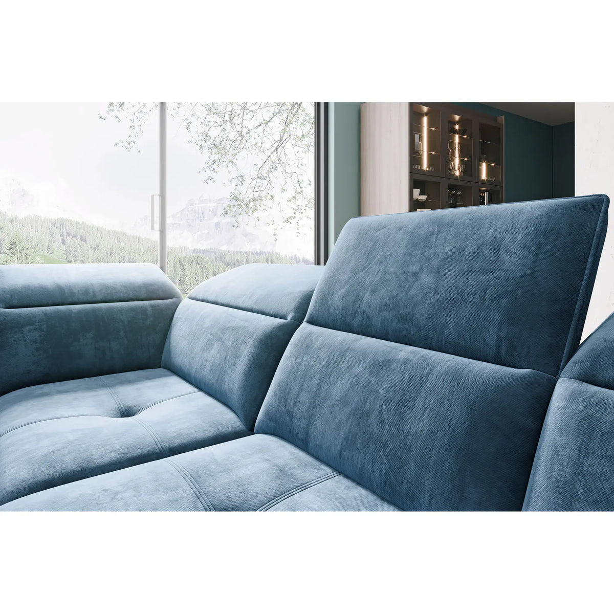 Coltar extensibil COLOMBO XL, sezlong stanga, stofa clasica galben mustar - Austin 11, cu sistem electric de ajustare a adancimii, tetiere, spatar si sezut reglabile, lada depozitare, 376x227x103 cm