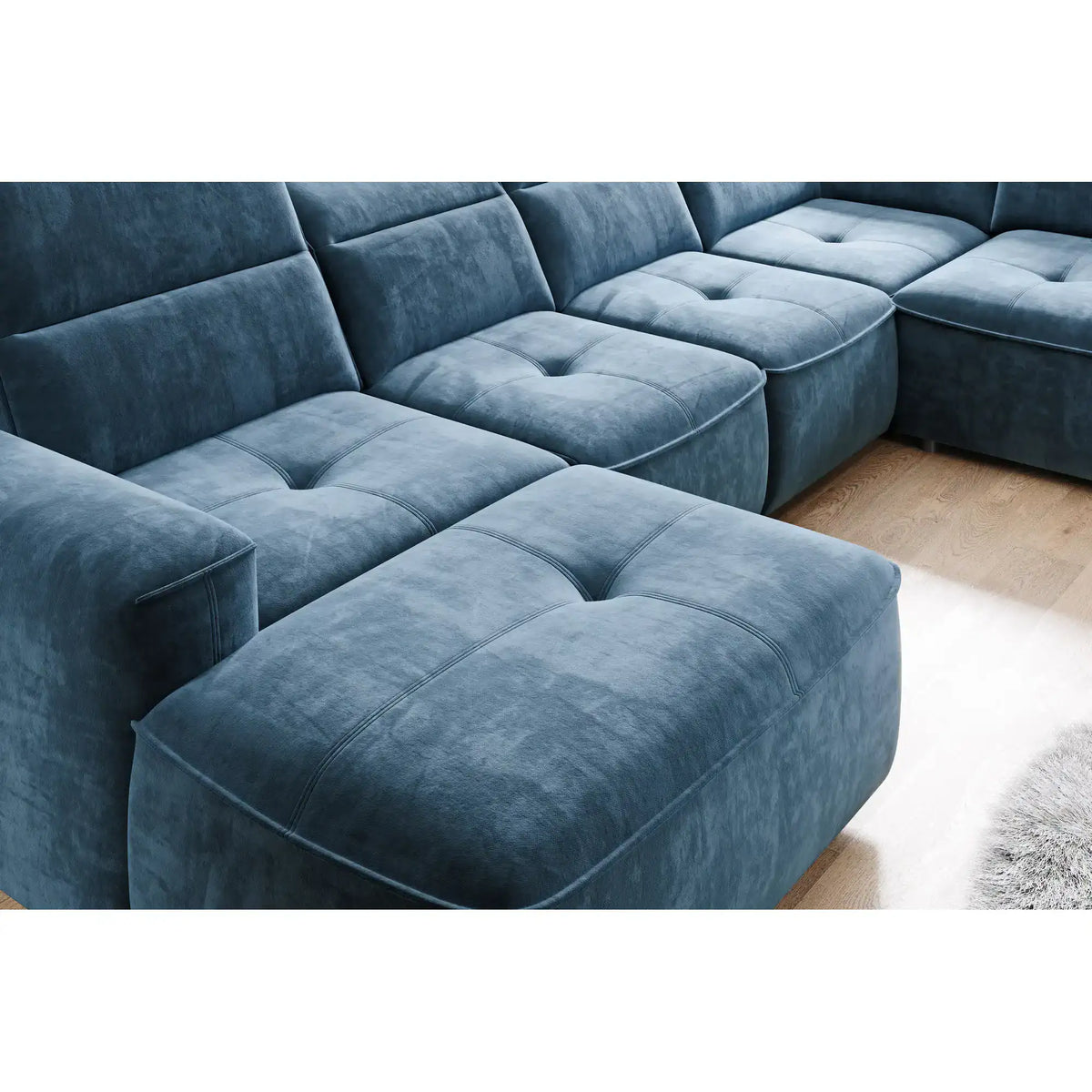 Coltar living in forma de U COLOMBO XL, sezlong dreapta, stofa catifelata gri - Salvador 14, Gama Premium, cu reglaj electric si lada depozitare, 376x227x103 cm