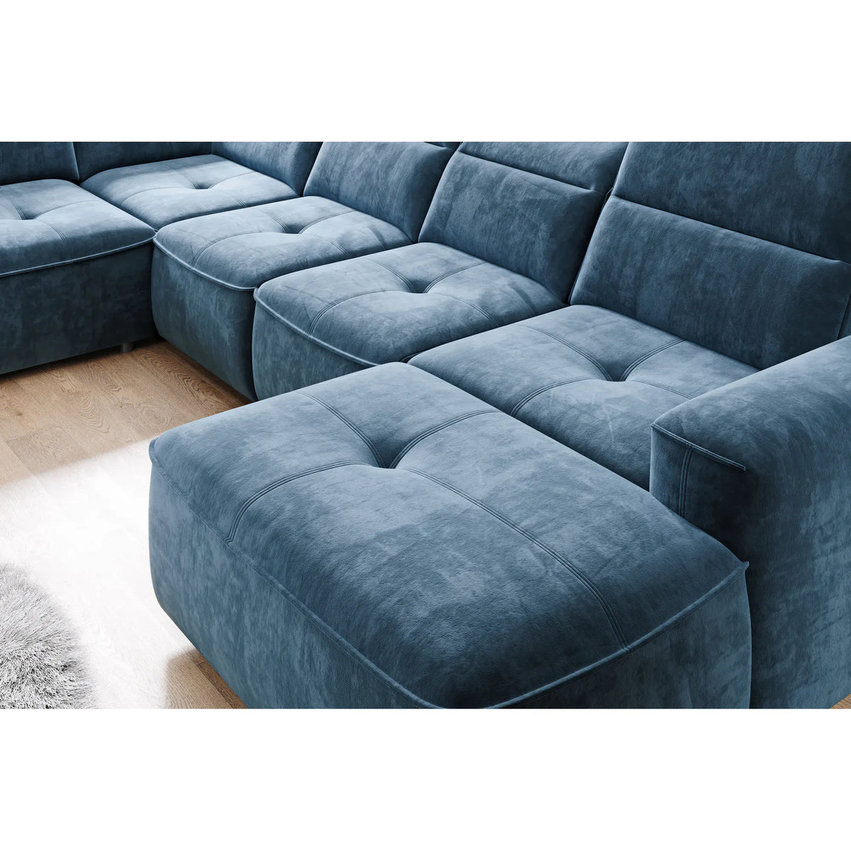 Coltare living in forma de U COLOMBO XL, sezlong dreapta, stofa catifelata crem - Salvador 1, Gama Premium, cu reglaj electric si lada depozitare, 376x227x103 cm