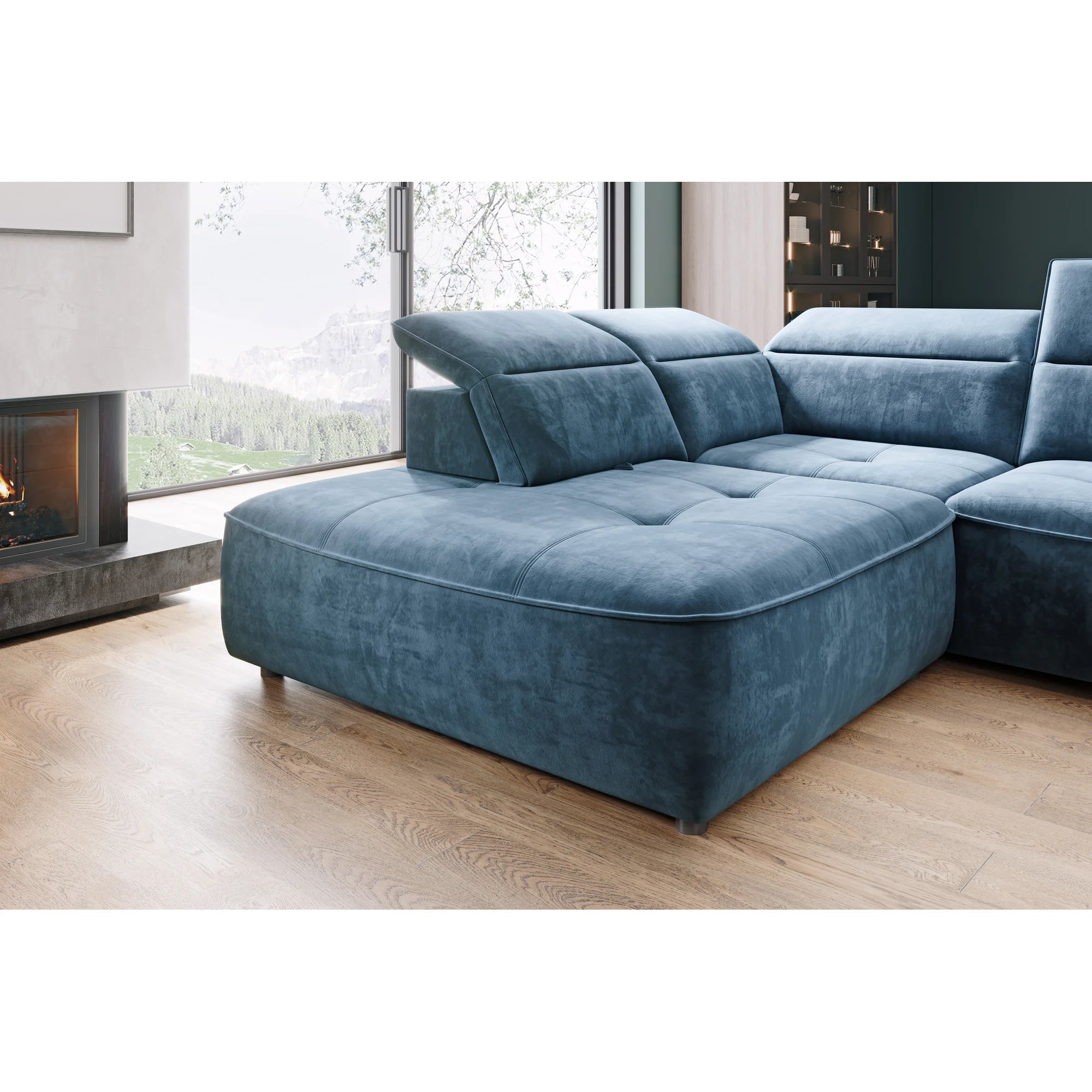 Coltar extensibil COLOMBO XL, sezlong stanga, stofa clasica galben mustar - Austin 11, cu sistem electric de ajustare a adancimii, tetiere, spatar si sezut reglabile, lada depozitare, 376x227x103 cm