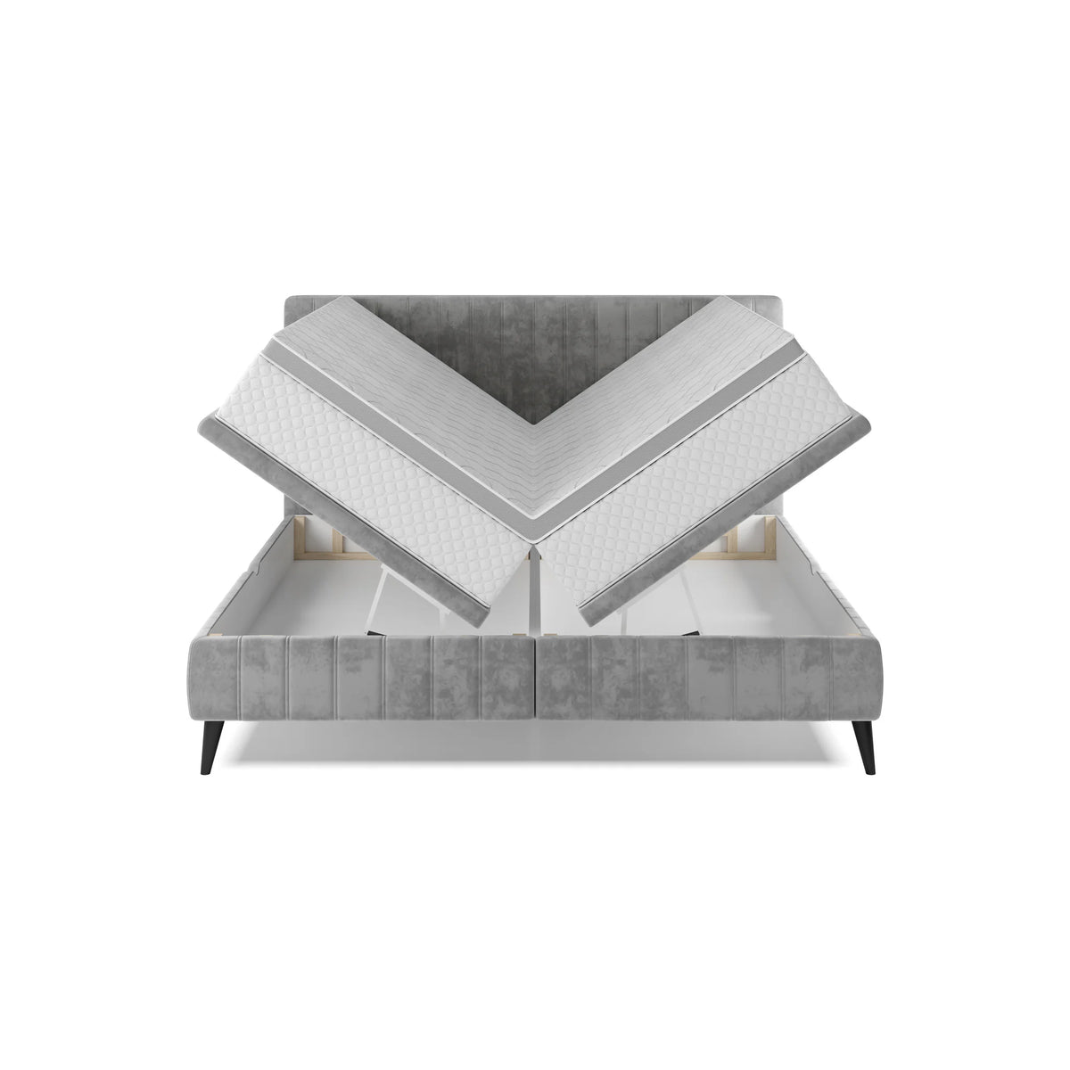 Pat CAYA 180x200, stofa catifelata bej - Whisper 03, Gama Premium, cu suport saltea, 2 lazi pentru depozitare si pistoane pe gaz