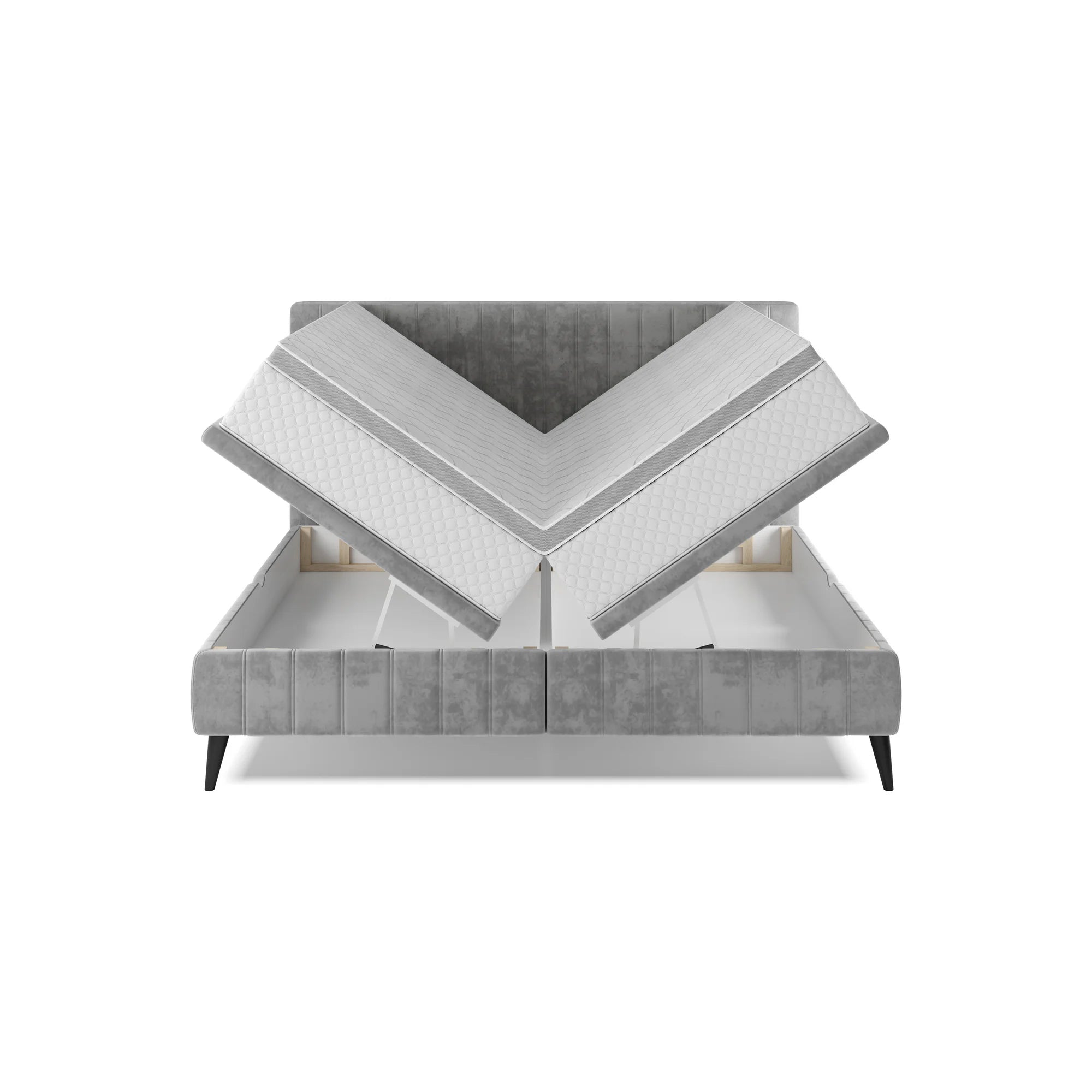 Pat CAYA 180x200, stofa catifelata bej - Whisper 03, Gama Premium, cu suport saltea, 2 lazi pentru depozitare si pistoane pe gaz
