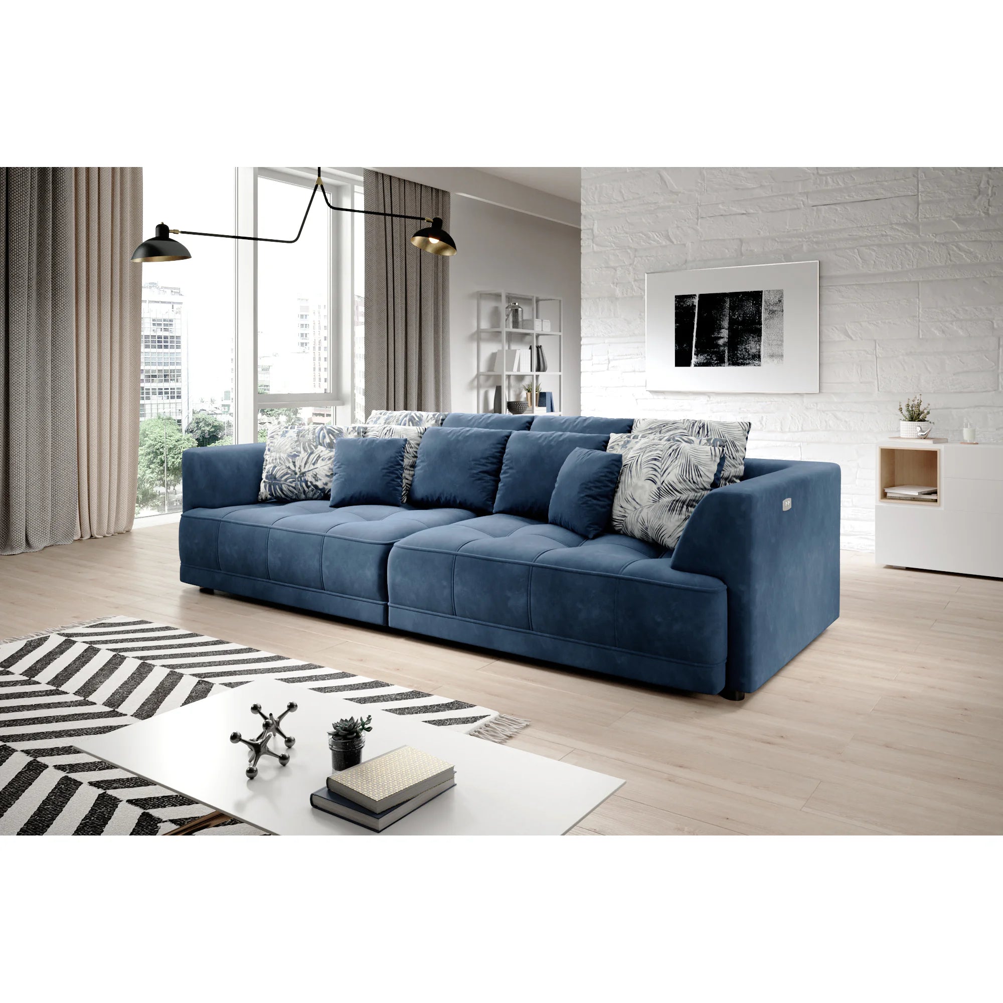 Canapea moderna pentru living TIGA, stofa catifelata crem - Whisper 01, Gama Premium, reglaj electric, 302x136x72/88 cm