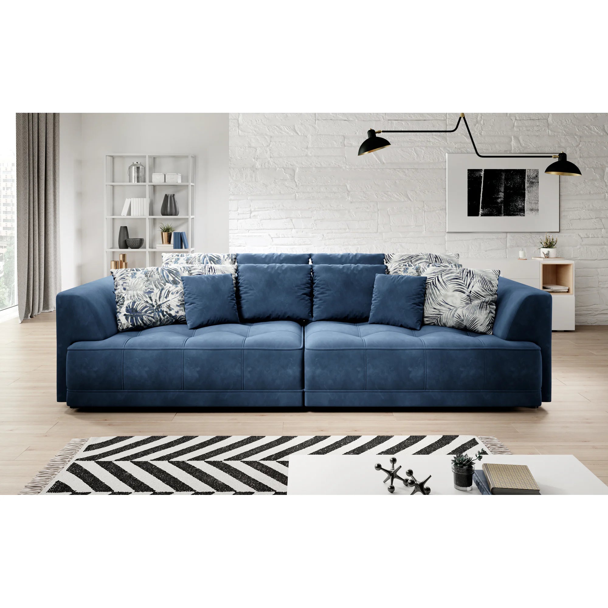 Canapea moderna pentru living TIGA, stofa catifelata crem - Whisper 01, Gama Premium, reglaj electric, 302x136x72/88 cm