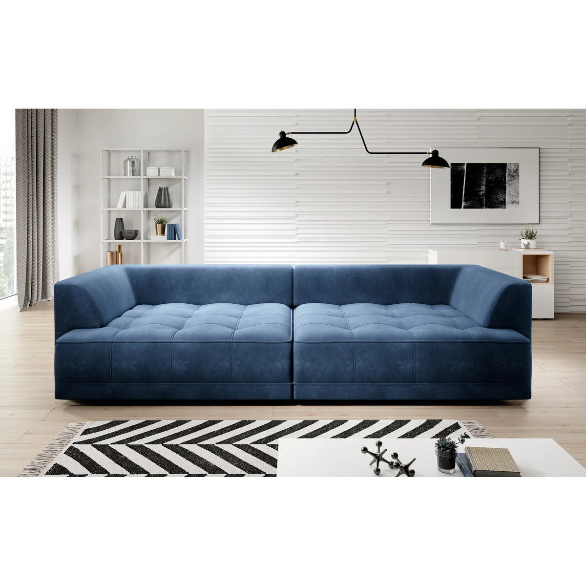 Canapea moderna pentru living TIGA, stofa catifelata crem - Whisper 01, Gama Premium, reglaj electric, 302x136x72/88 cm