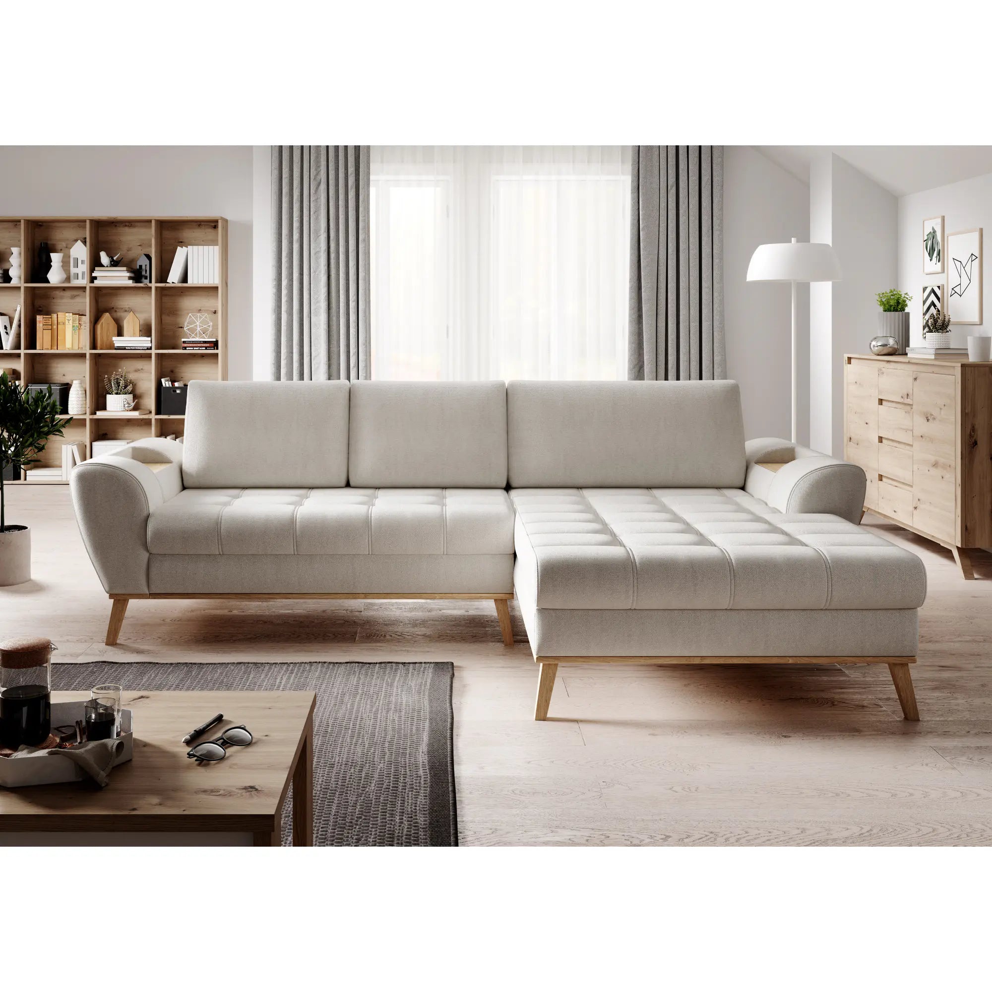 Coltar extensibil NUBO, sezlong dreapta, stofa catifelata bej - Whisper 3, Gama Premium, cu lada depozitare, 282x175x86 cm