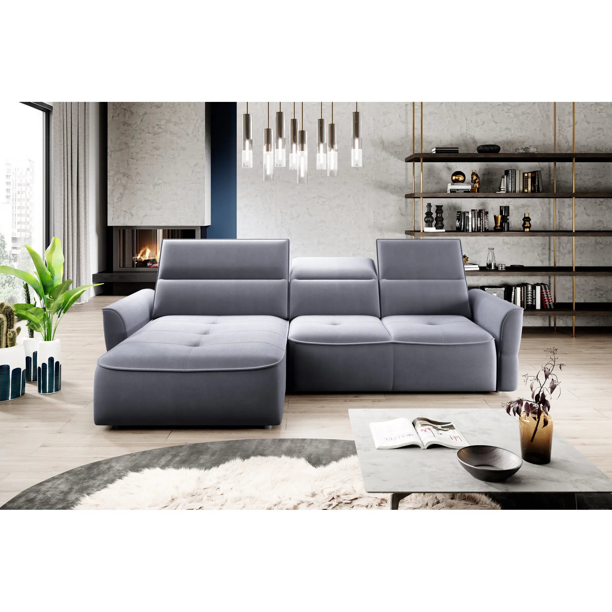 Coltar MURILLO MINI, sezlong stanga, stofa gri - Rosario 453, cu reglaj electric, tetiere reglabile si lada depozitare 260x175x87/100 cm