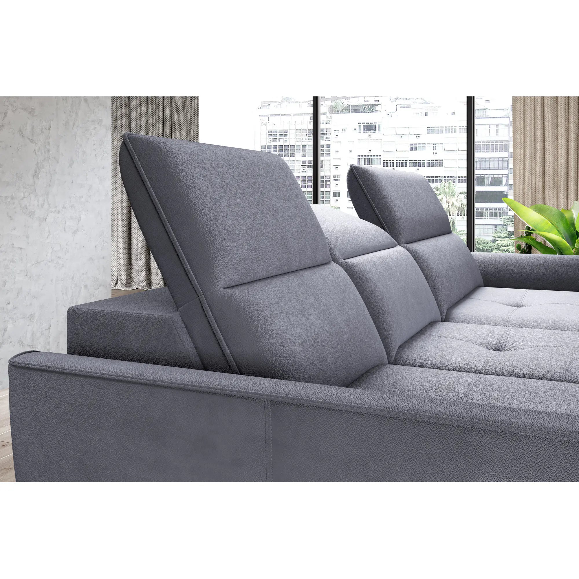 Coltar MURILLO MINI, sezlong stanga, stofa gri - Rosario 453, cu reglaj electric, tetiere reglabile si lada depozitare 260x175x87/100 cm