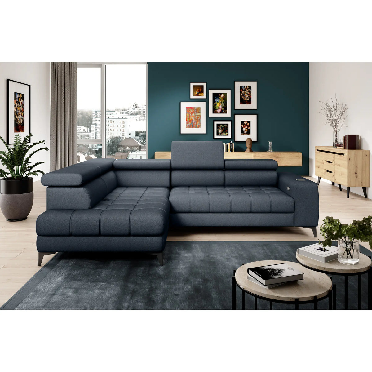 Coltar modern pentru living BAGGIO, sezlong stanga, stofa catifelata albastru - Whisper 12, Gama Premium, cu reglaj electric, incarcator wireless, 280x196x100 cm