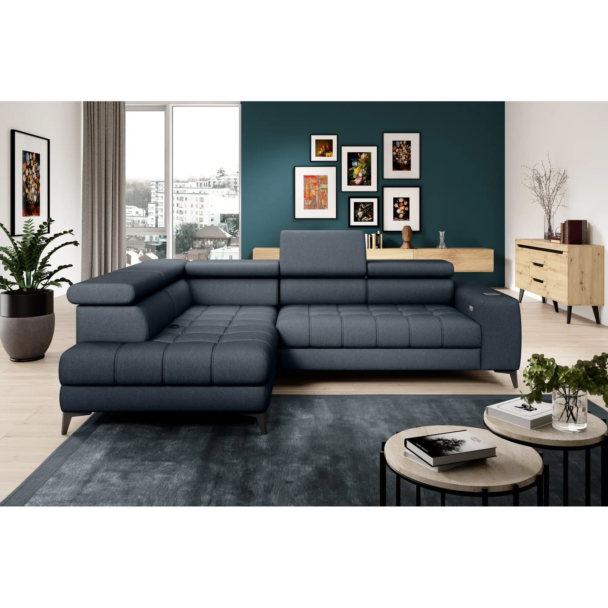 Coltar modern pentru living BAGGIO, sezlong stanga, stofa catifelata albastru - Whisper 12, Gama Premium, cu reglaj electric, incarcator wireless, 280x196x100 cm