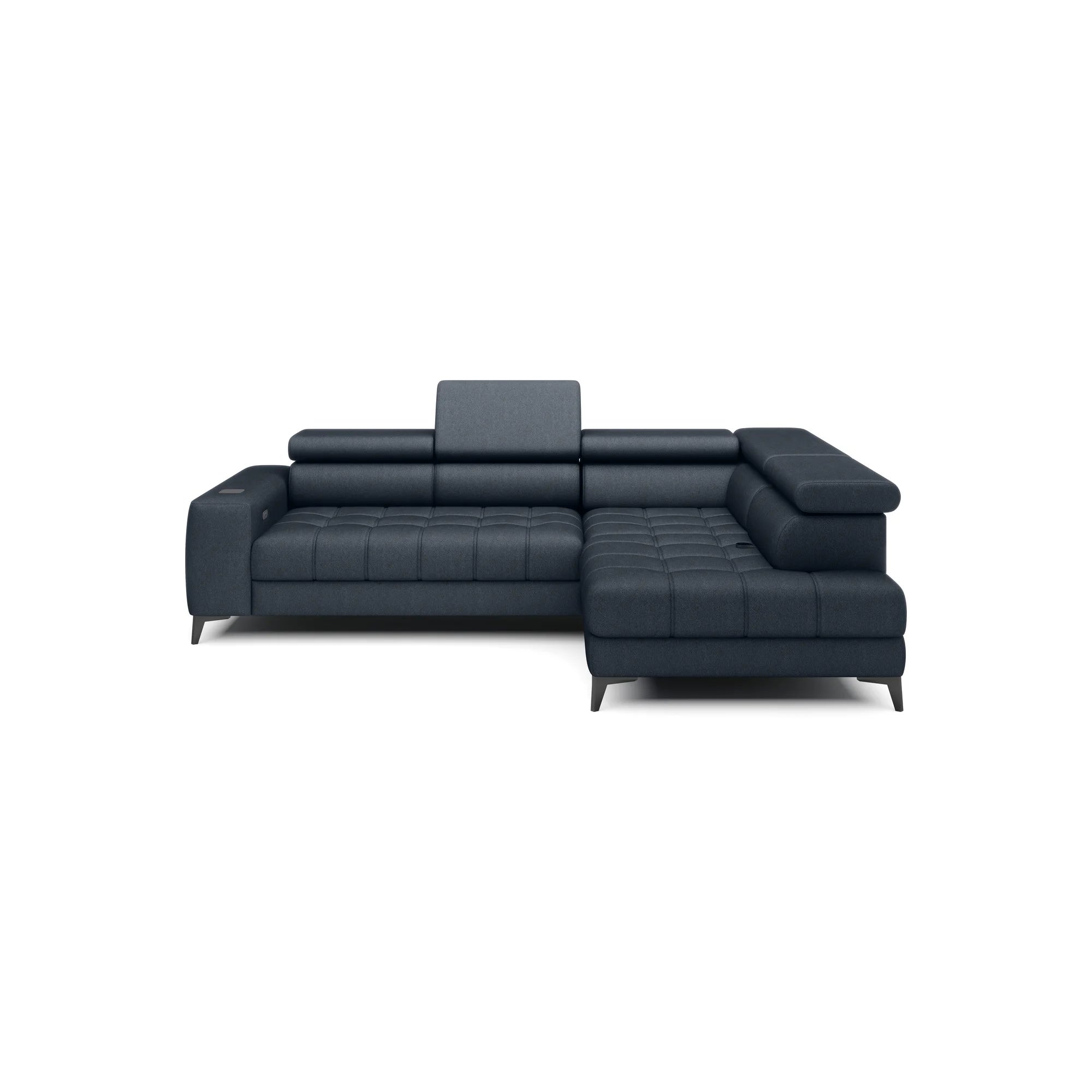 Coltar BAGGIO, sezlong dreapta, stofa catifelata crem - Solar 03, Gama Premium, cu reglaj electric, incarcator wireless, lada depozitare si tetiere reglabile, 280x196x100 cm