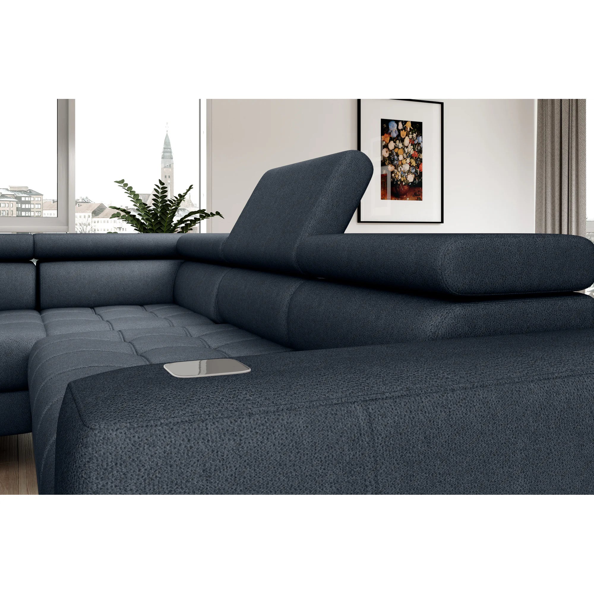 Coltar BAGGIO, sezlong stanga, stofa catifelata gri - Monolith 85, cu reglaj electric, incarcator wireless, lada depozitare si tetiere reglabile, 280x196x100 cm