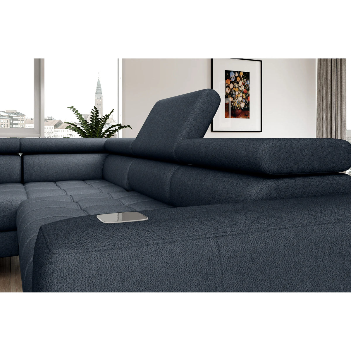 Coltar BAGGIO, sezlong dreapta, stofa catifelata crem - Solar 03, Gama Premium, cu reglaj electric, incarcator wireless, lada depozitare si tetiere reglabile, 280x196x100 cm