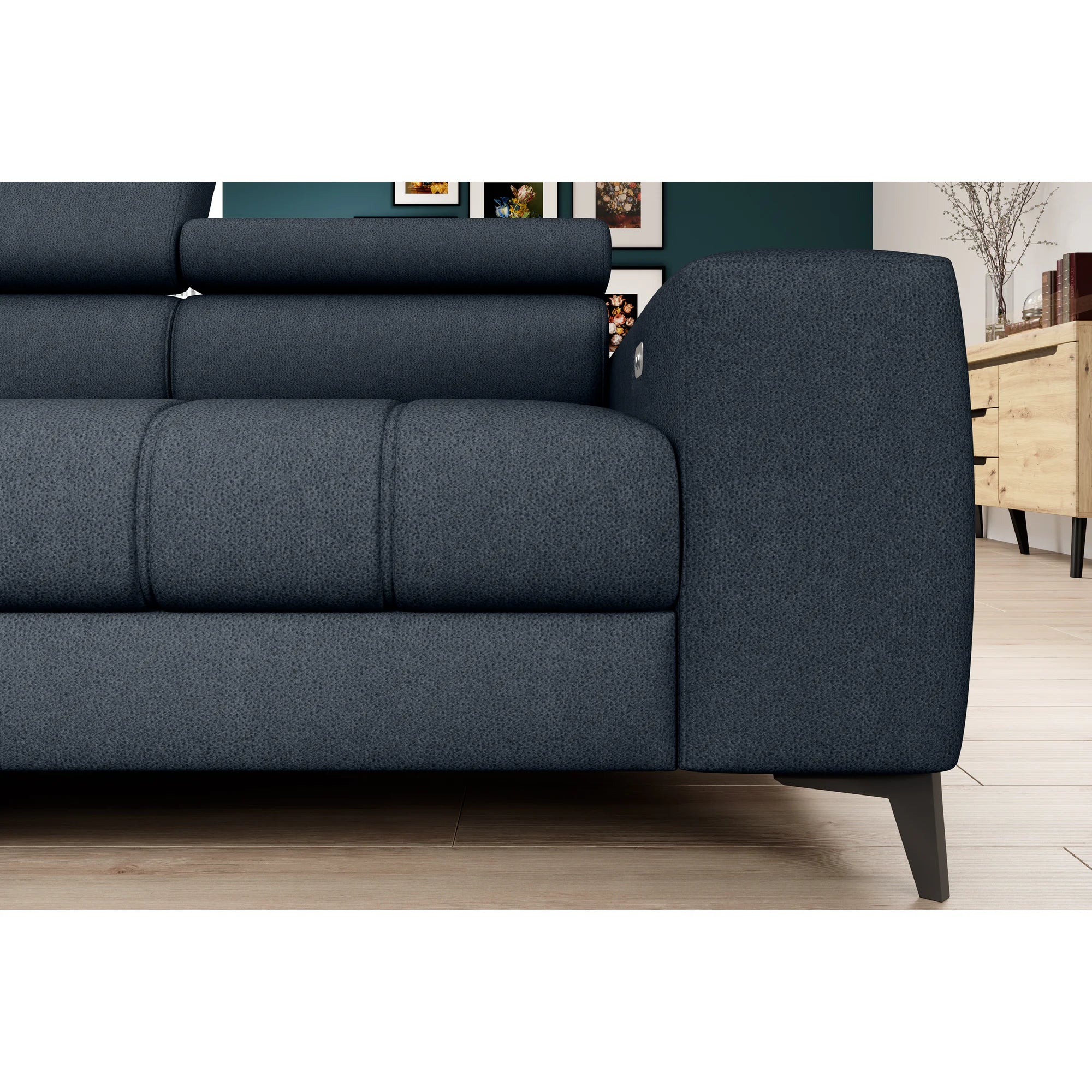 Coltar BAGGIO, sezlong stanga, stofa catifelata gri - Monolith 85, cu reglaj electric, incarcator wireless, lada depozitare si tetiere reglabile, 280x196x100 cm