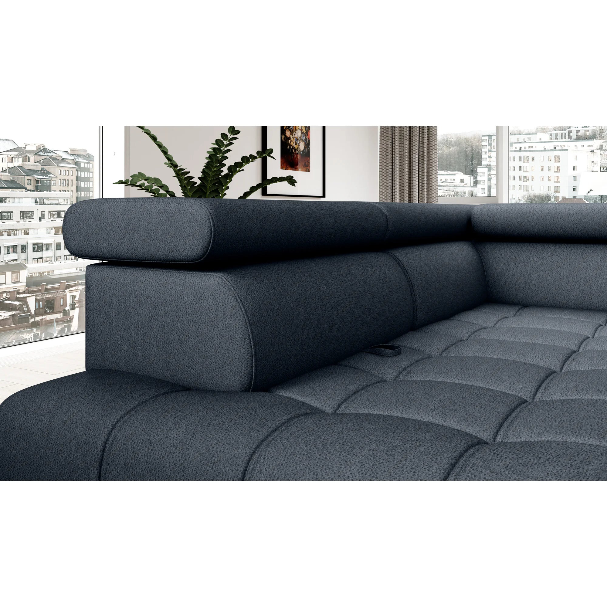 Coltar BAGGIO, sezlong stanga, stofa catifelata gri - Monolith 85, cu reglaj electric, incarcator wireless, lada depozitare si tetiere reglabile, 280x196x100 cm