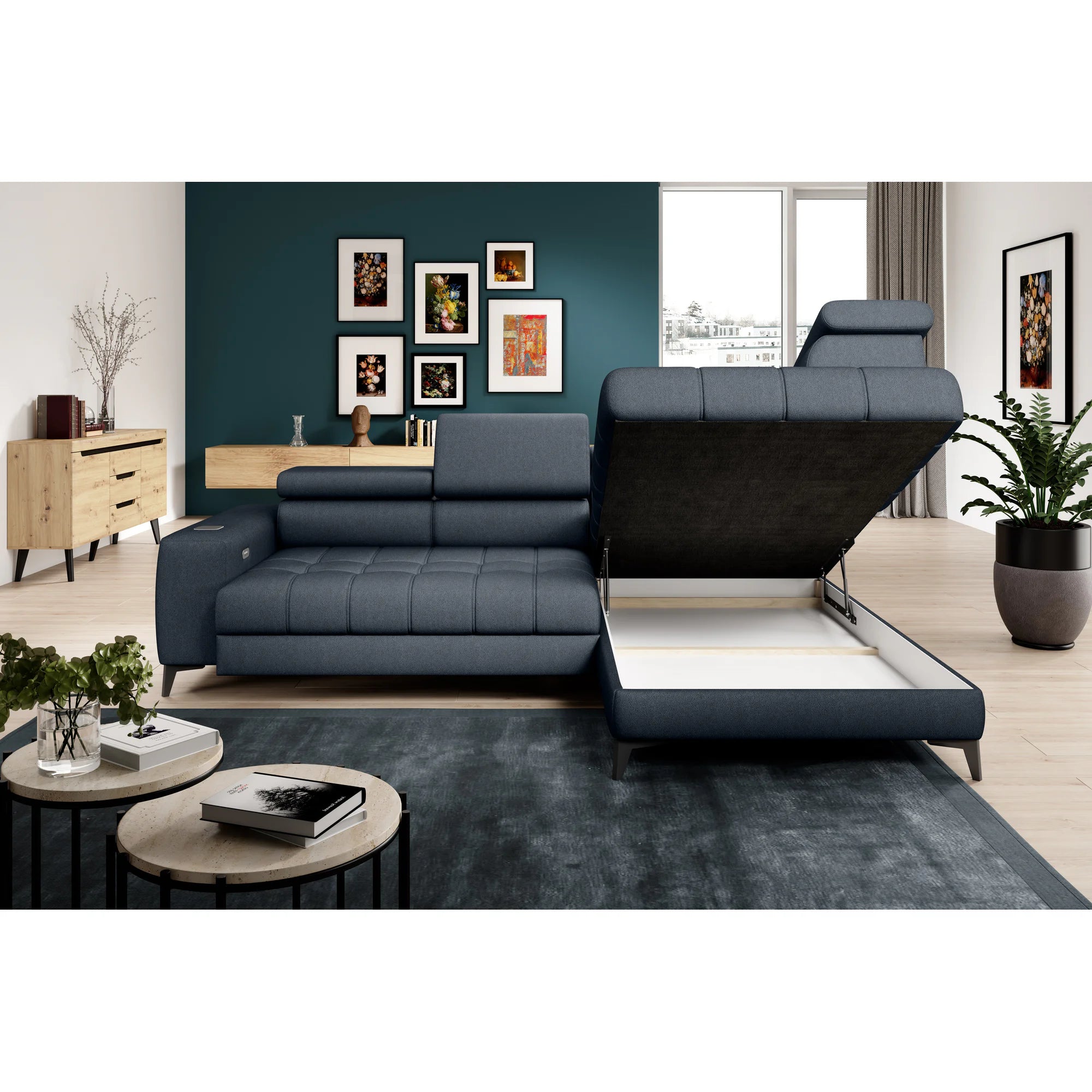Coltar BAGGIO, sezlong dreapta, stofa catifelata verde inchis - Terra 75, Gama Premium, cu reglaj electric, incarcator wireless, lada depozitare si tetiere reglabile, 280x196x100 cm