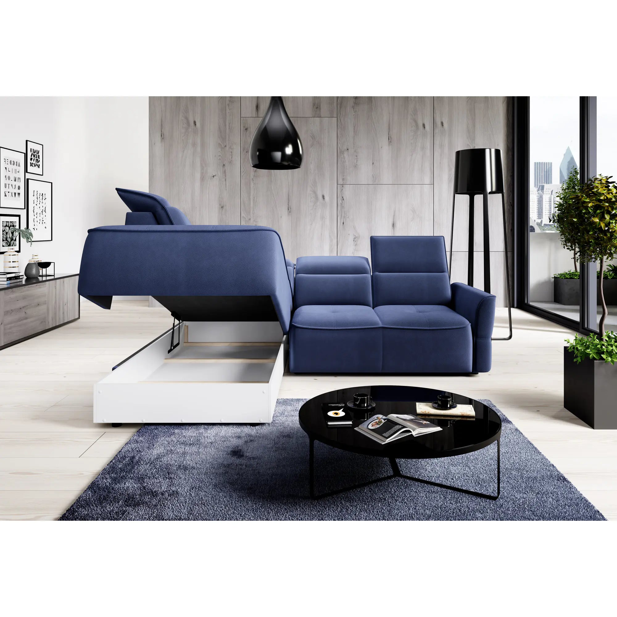 Coltar MURILLO L, sezlong stanga, stofa catifelata gri antracit - Whisper 18, Gama Premium, cu reglaj electric, tetiere reglabile si lada depozitare, 261x218x100 cm
