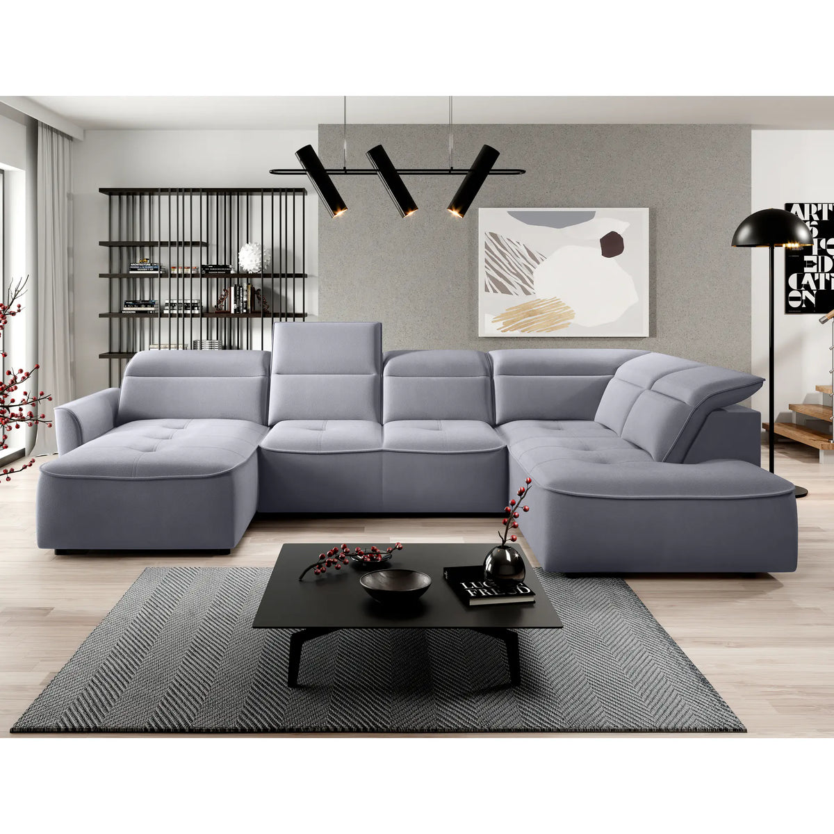 Coltar MURILLO XL, personalizabil materiale gama Oferta Avantaj, cu reglaj electric, tetiere reglabile si lada depozitare, 350x218x100 cm