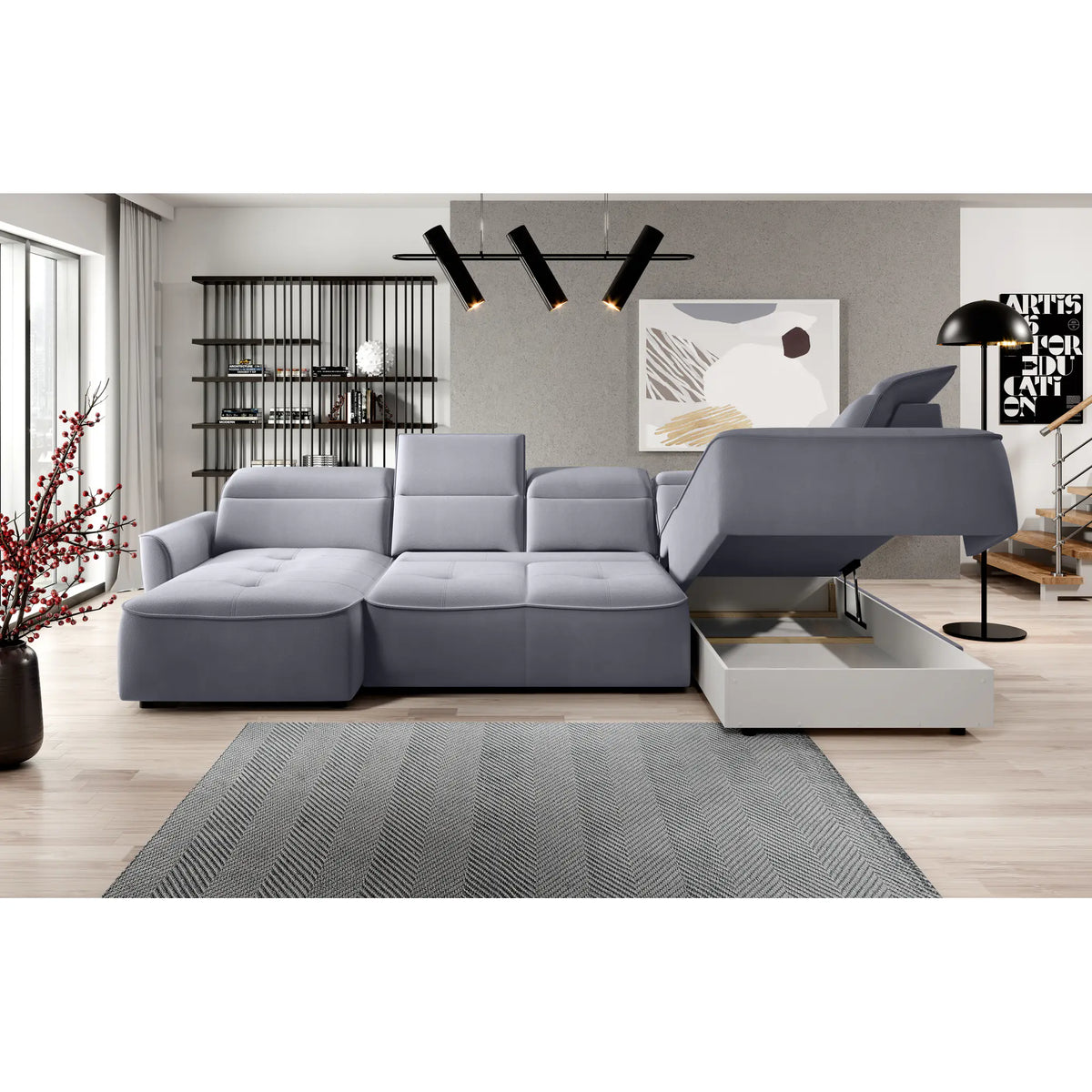 Coltar MURILLO XL, personalizabil materiale gama Oferta Avantaj, cu reglaj electric, tetiere reglabile si lada depozitare, 350x218x100 cm