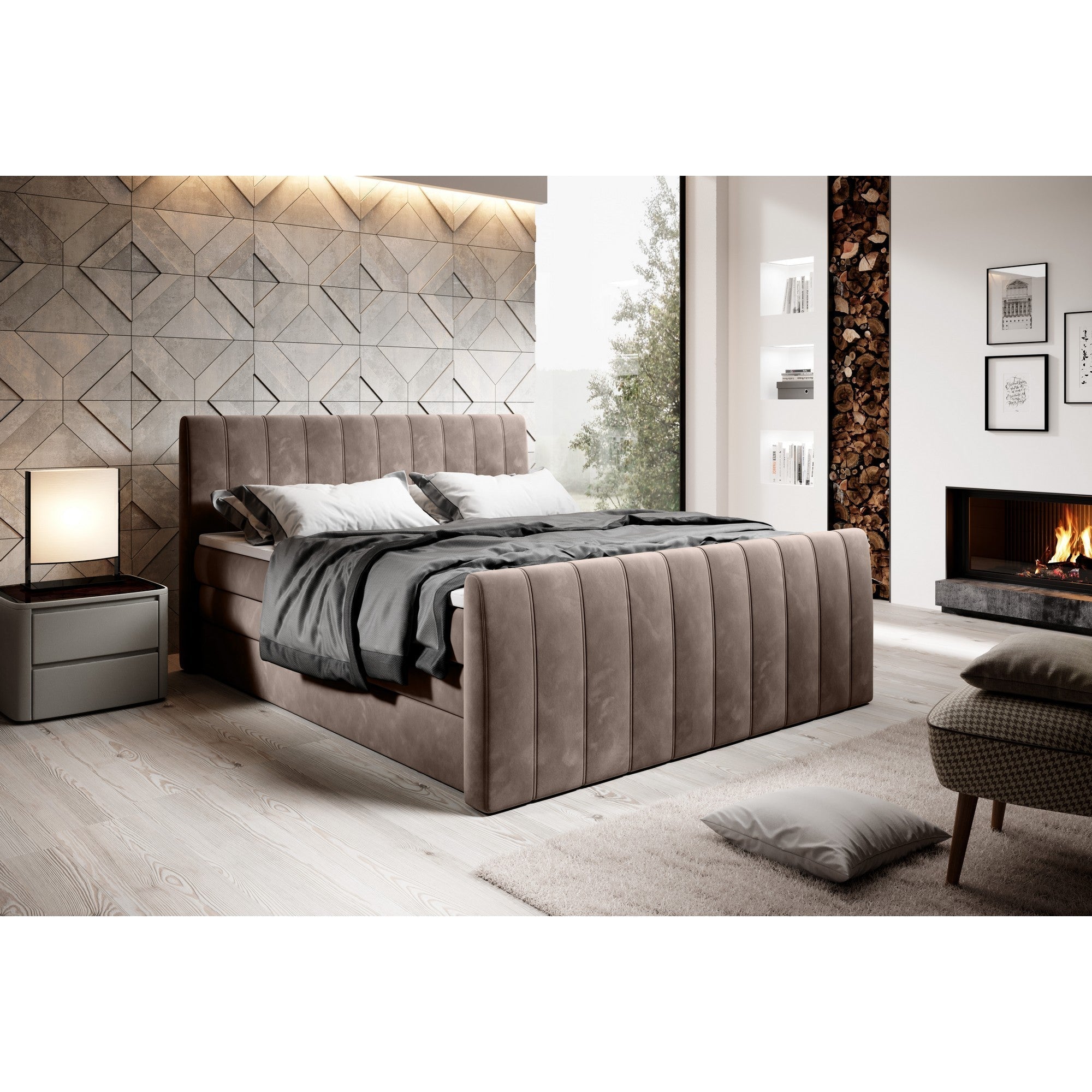 Pat boxspring CARINA 180x200, personalizabil materiale Gama Premium, cu spatiu depozitare, saltele si topper