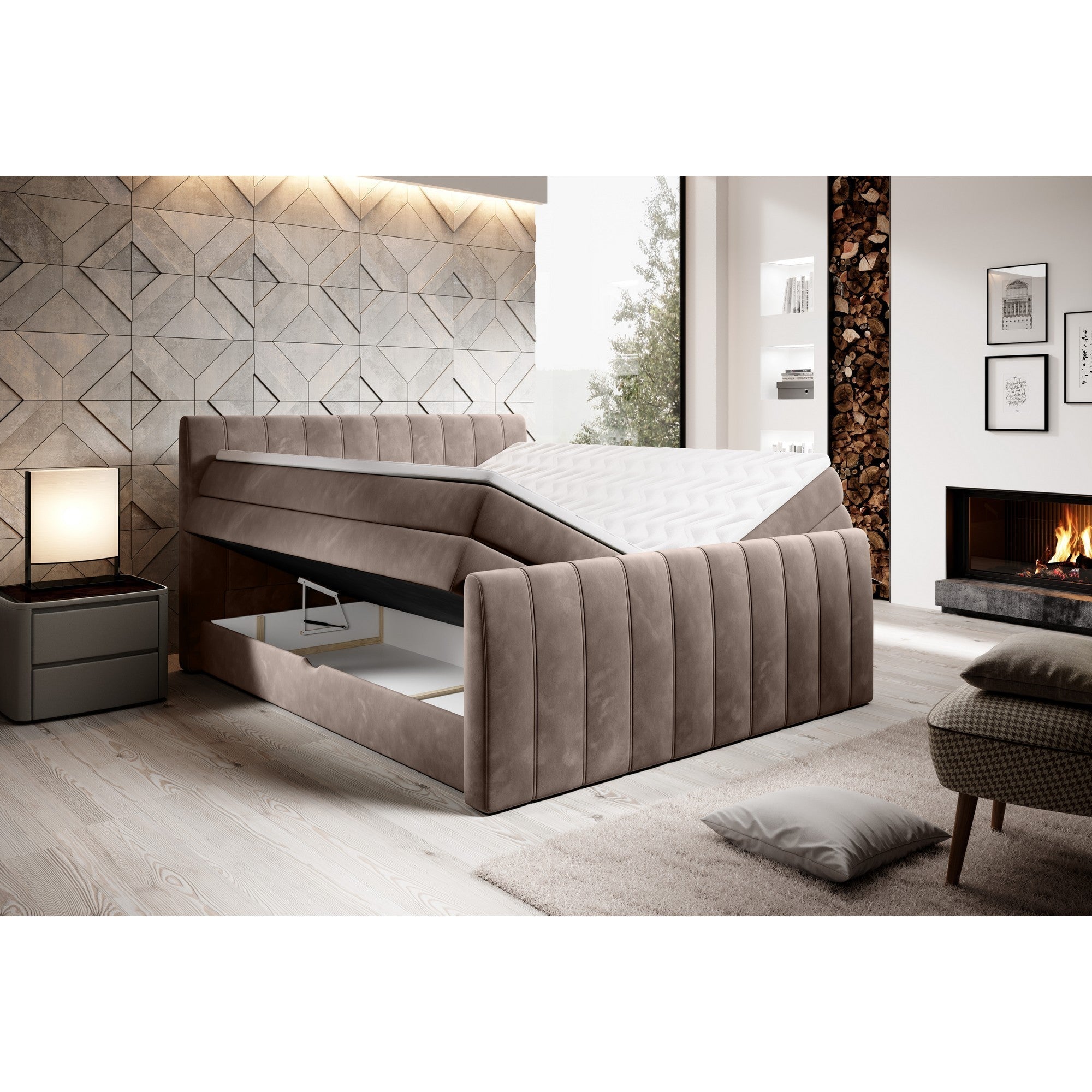 Pat boxspring CARINA 180x200, personalizabil materiale Gama Premium, cu spatiu depozitare, saltele si topper