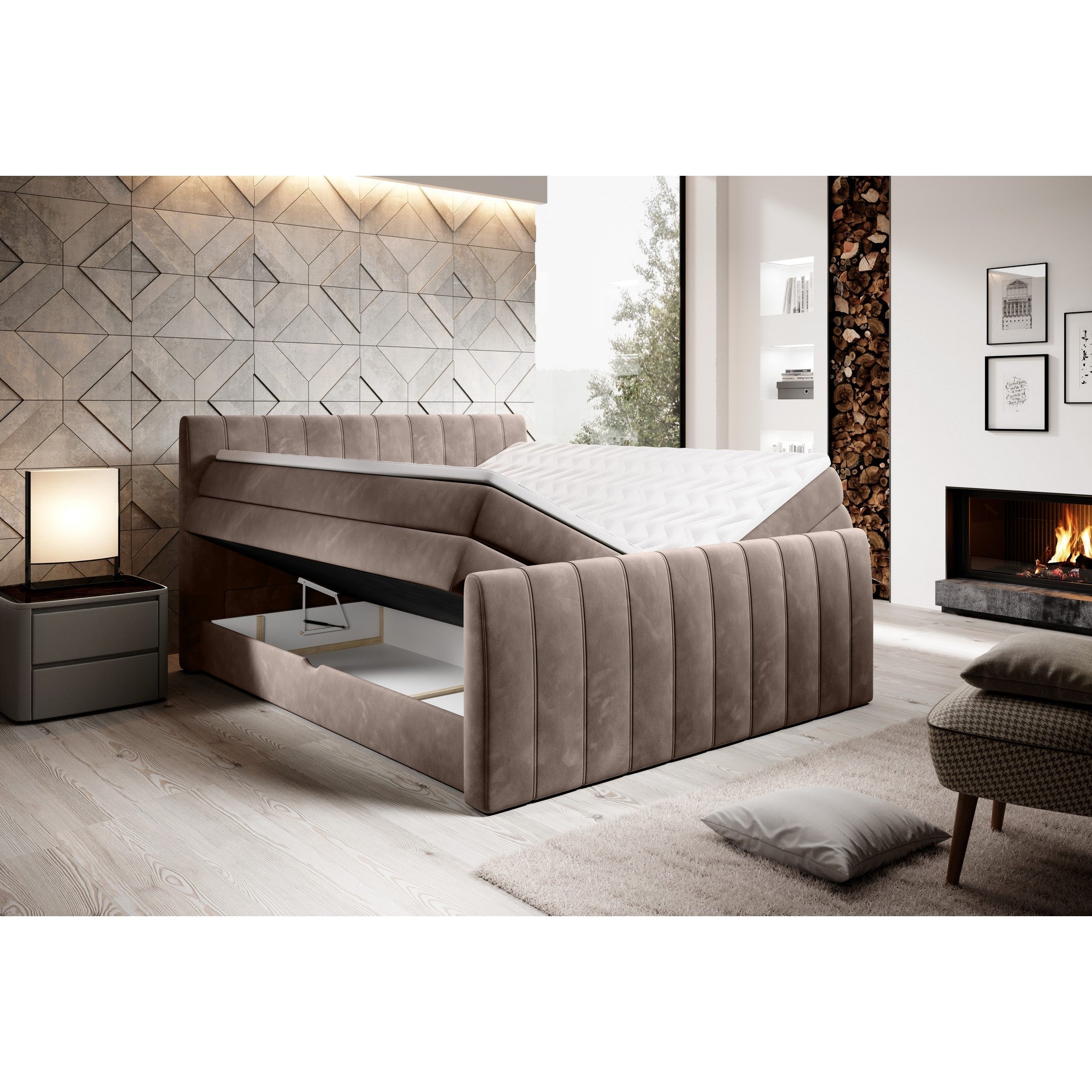 Pat boxspring Carina 140x200, personalizabil materiale Gama Premium, cu spatiu depozitare, saltele si topper