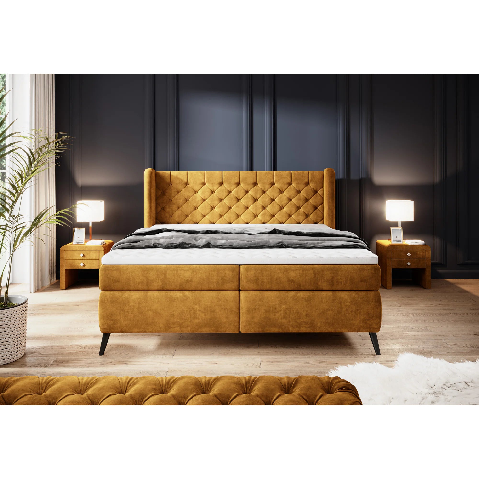 Pat boxspring MADISON 160x200, stofa catifelata caramiziu - Palladium 9, Gama Premium, cu saltele si topper