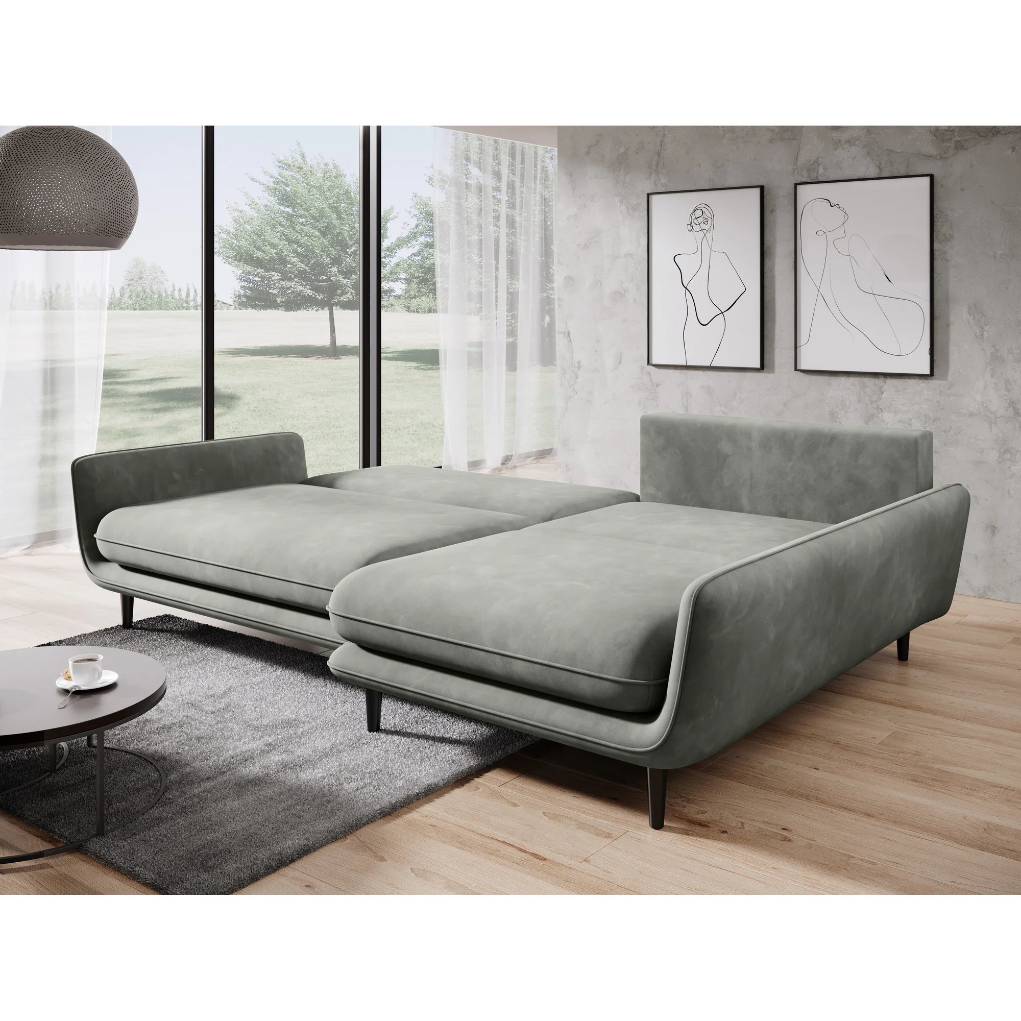 Coltar extensibil SOLANO, sezlong dreapta, stofa catifelata verde - Shanghai 07, Gama Premium, cu lada depozitare, 260x167x83 cm