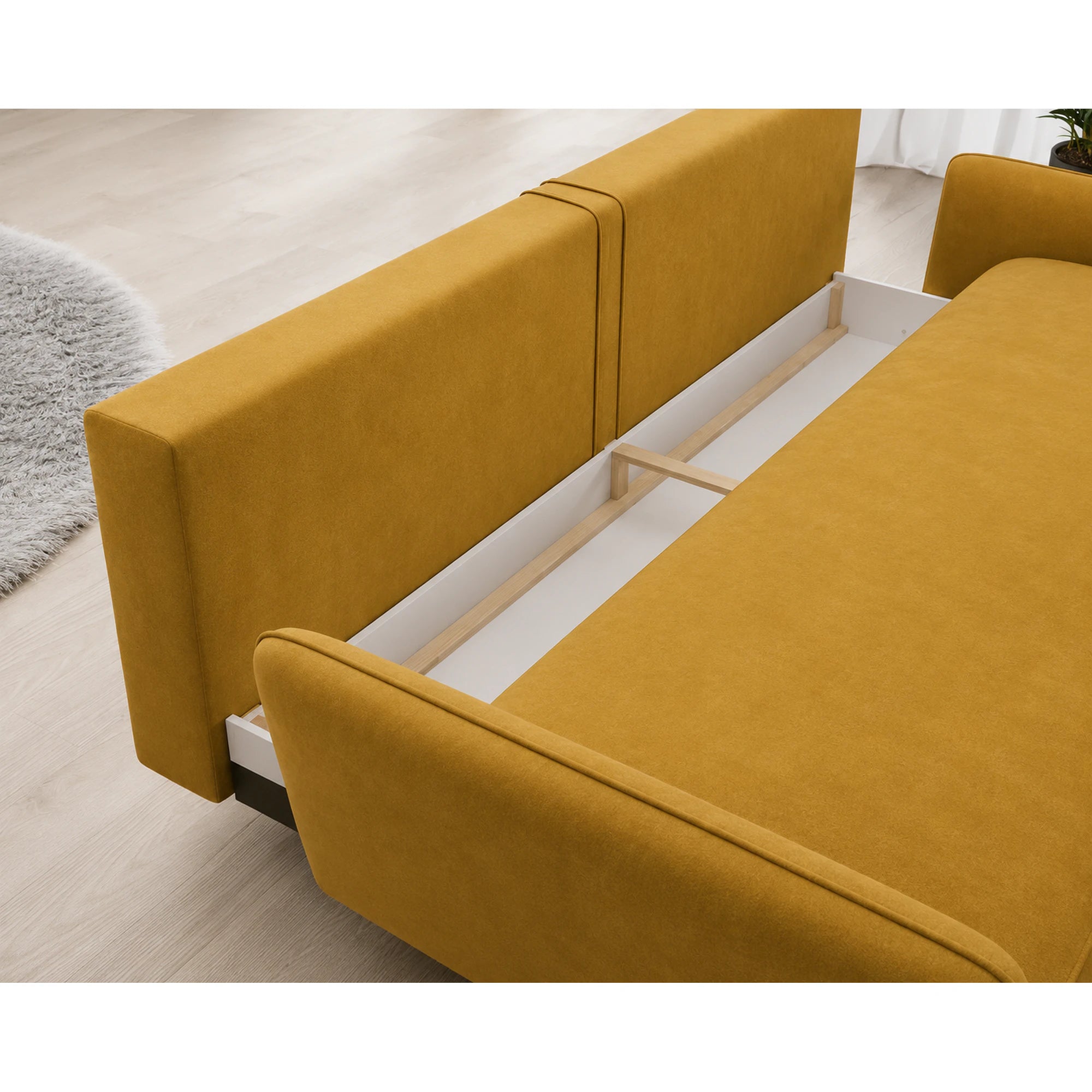 Canapea extensibila Solano, stofa catifelata galben - Riviera 41, cu lada depozitare, 230x107x85/73 cm