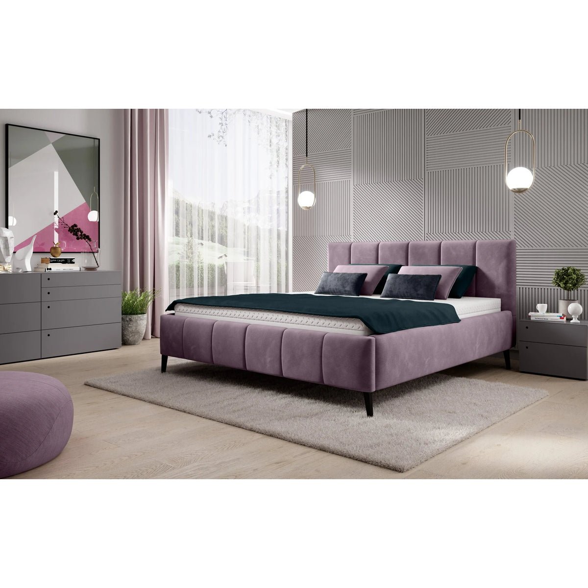 Pat RIVA SR 160x200, stofa catifelata violet - Whisper 14, Gama Premium, cu suport saltea si sistem de reglare