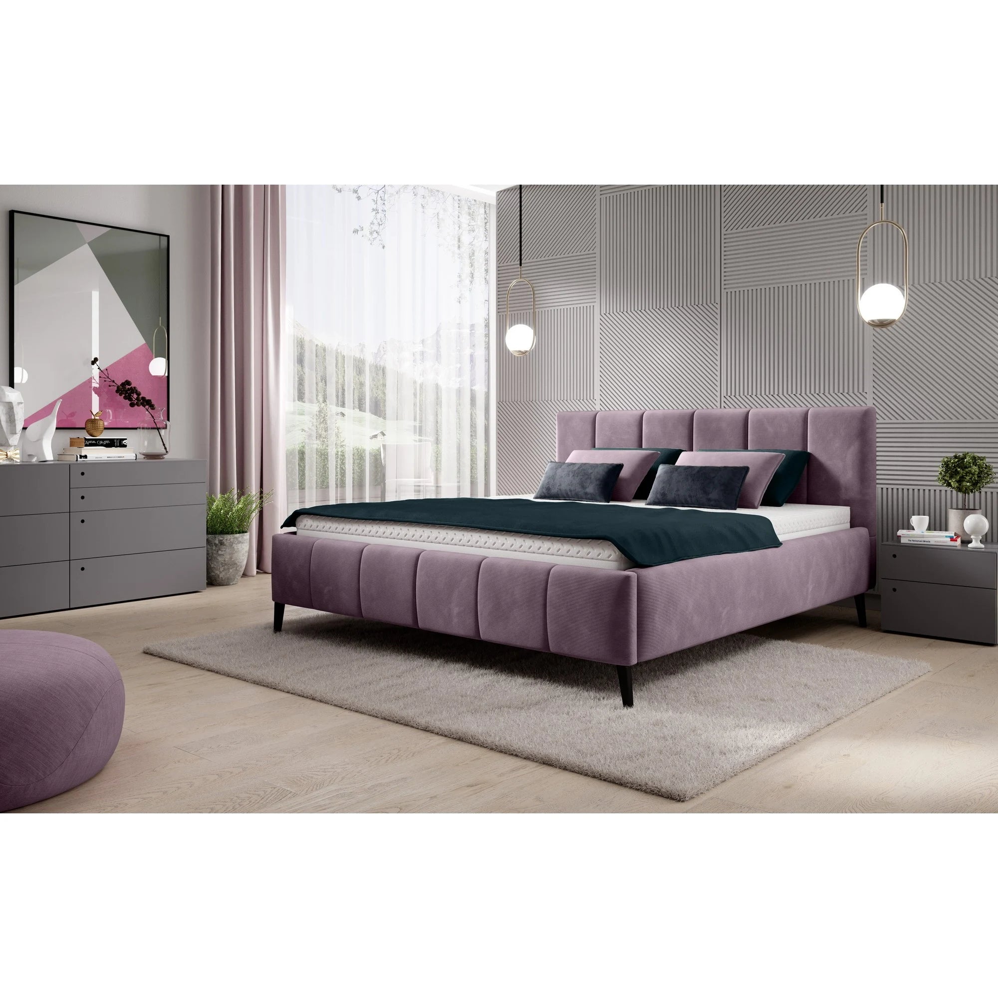Pat RIVA SR 160x200, stofa catifelata violet - Whisper 14, Gama Premium, cu suport saltea si sistem de reglare
