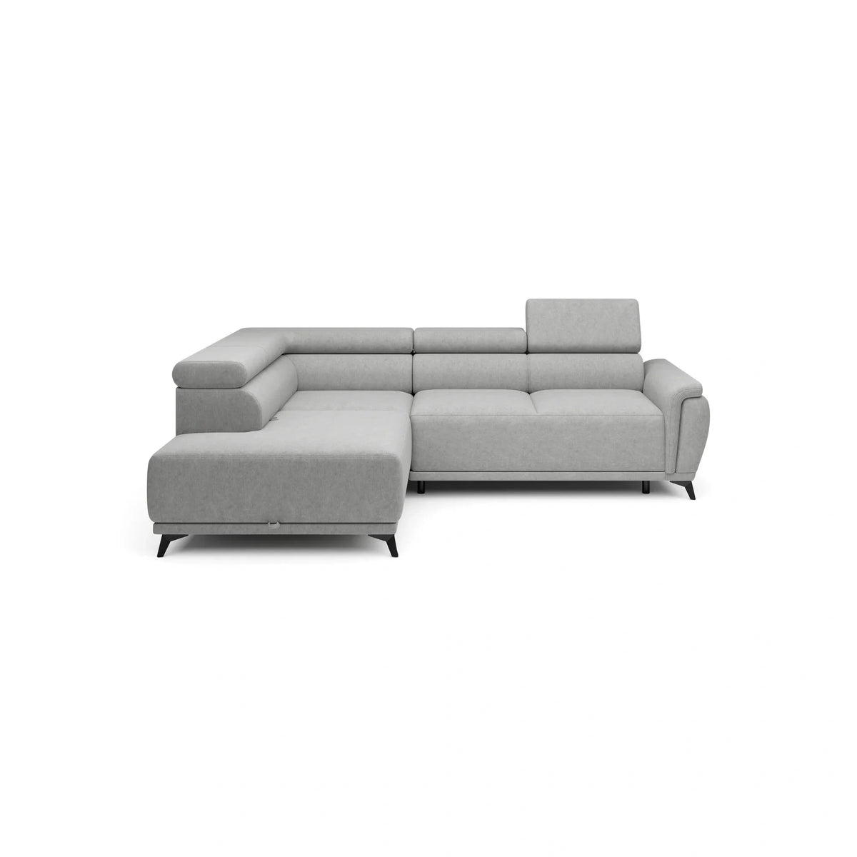 Coltar extensibil ATLANTA, sezlong stanga, stofa catifelata maro deschis - Palladium 4, Gama Premium, cu lada depozitare si tetiere reglabile, 281x203x98 cm