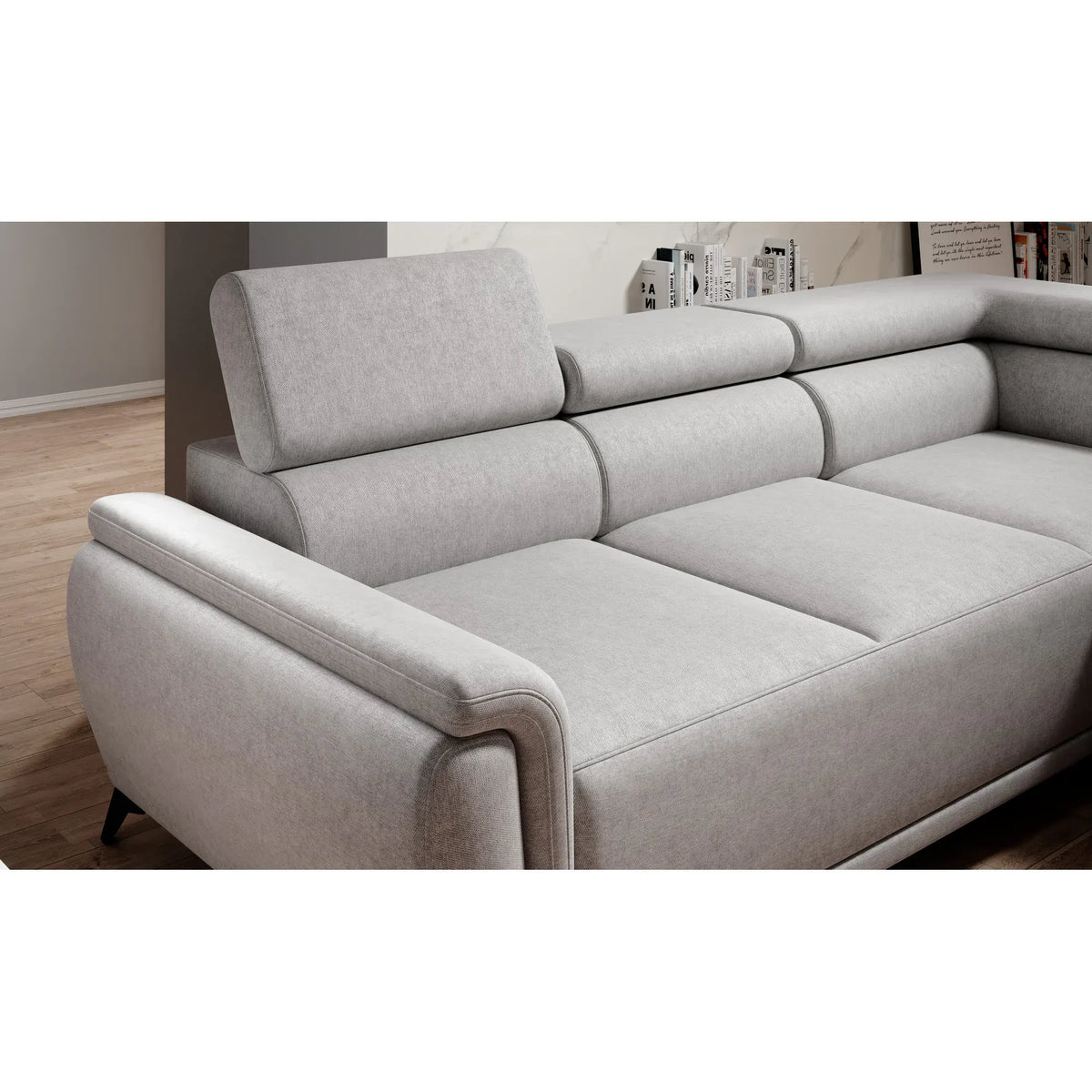 Coltar extensibil ATLANTA, sezlong dreapta, stofa catifelata gri - Riviera 91, Gama Premium, cu lada depozitare si tetiere reglabile, 281x203x98 cm