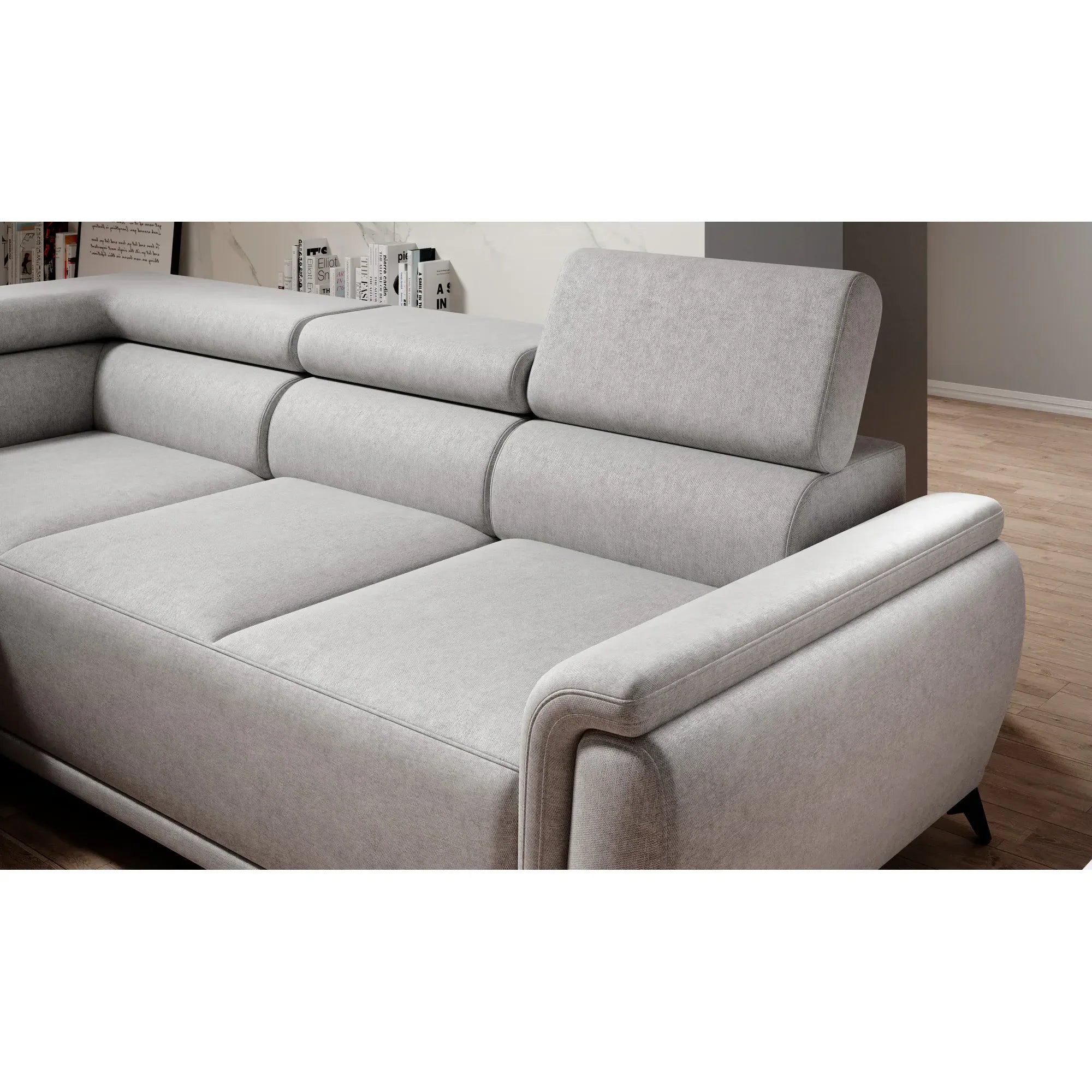Coltar extensibil ATLANTA, sezlong stanga, stofa catifelata maro deschis - Palladium 4, Gama Premium, cu lada depozitare si tetiere reglabile, 281x203x98 cm