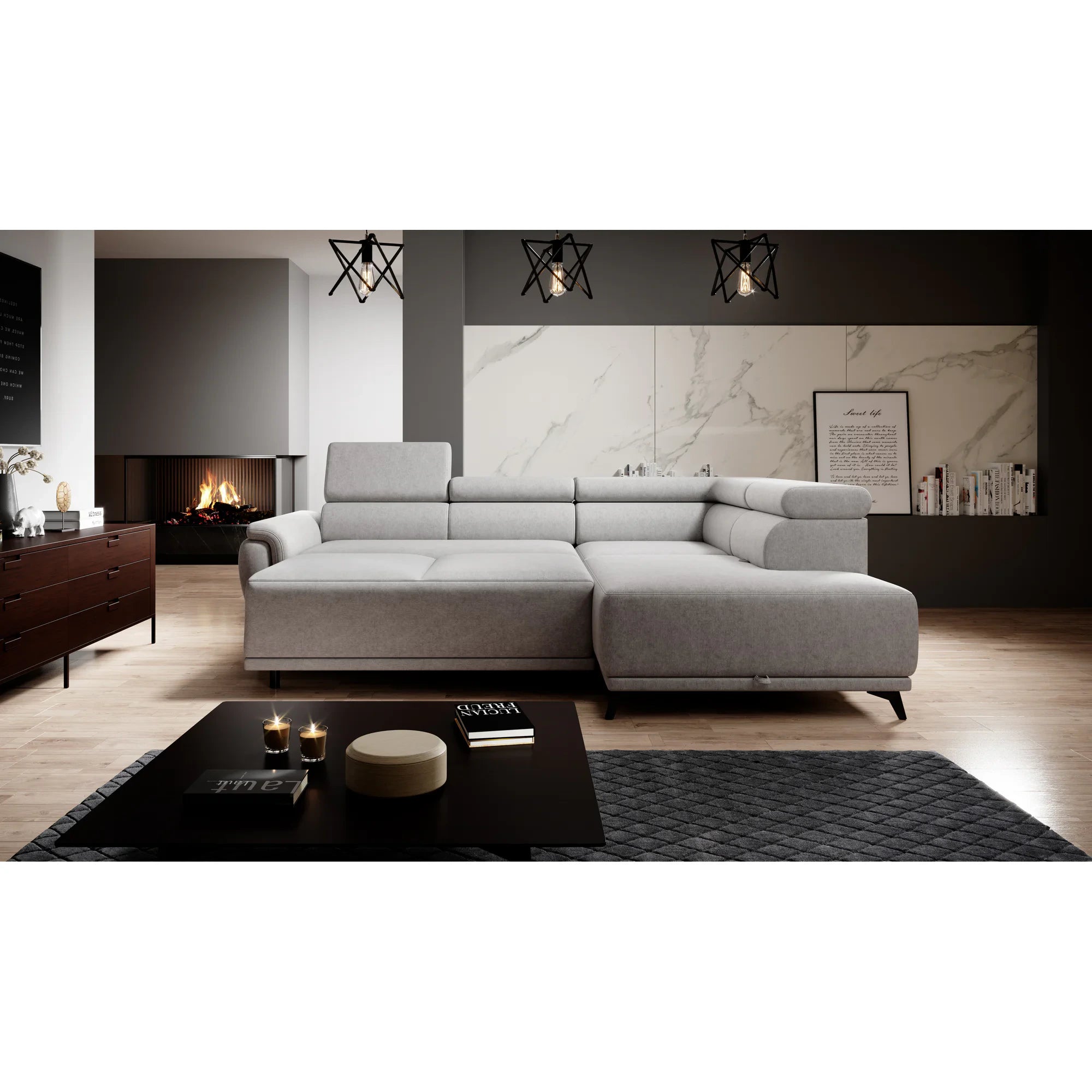 Coltar extensibil ATLANTA, sezlong dreapta, stofa catifelata gri - Riviera 91, Gama Premium, cu lada depozitare si tetiere reglabile, 281x203x98 cm