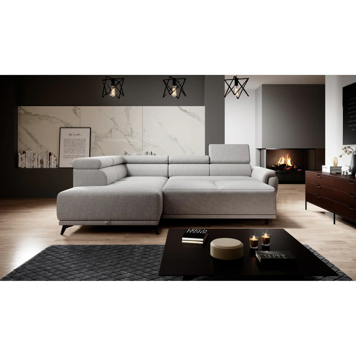 Coltar extensibil ATLANTA, sezlong stanga, stofa catifelata maro deschis - Palladium 4, Gama Premium, cu lada depozitare si tetiere reglabile, 281x203x98 cm