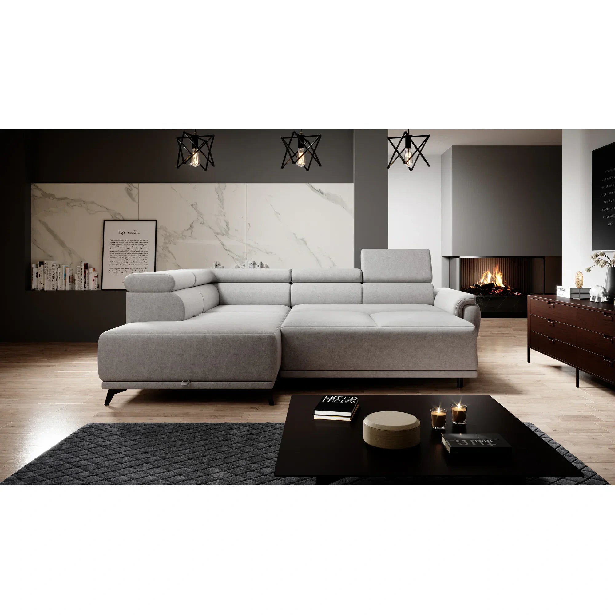 Coltar extensibil ATLANTA, sezlong stanga, stofa catifelata maro deschis - Palladium 4, Gama Premium, cu lada depozitare si tetiere reglabile, 281x203x98 cm