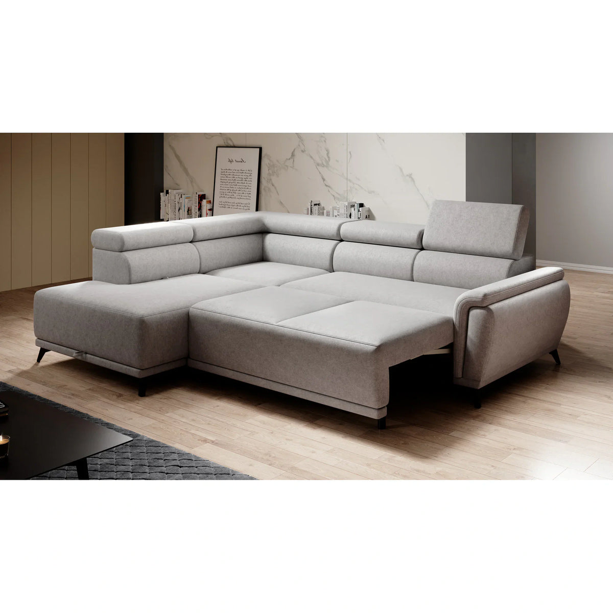 Coltar extensibil ATLANTA, sezlong stanga, stofa catifelata maro deschis - Palladium 4, Gama Premium, cu lada depozitare si tetiere reglabile, 281x203x98 cm