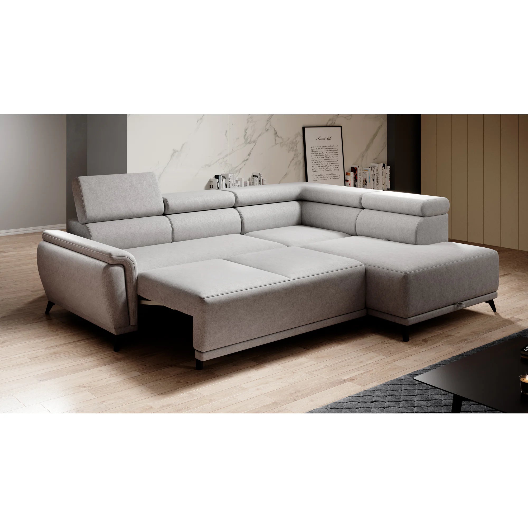 Coltar extensibil ATLANTA, sezlong dreapta, stofa clasica bej - Austin 2, cu lada depozitare si tetiere reglabile, 281x203x98 cm