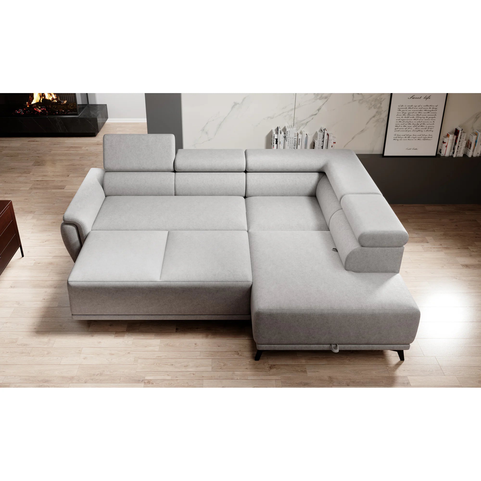 Coltar extensibil ATLANTA, sezlong dreapta, stofa catifelata gri - Riviera 91, Gama Premium, cu lada depozitare si tetiere reglabile, 281x203x98 cm