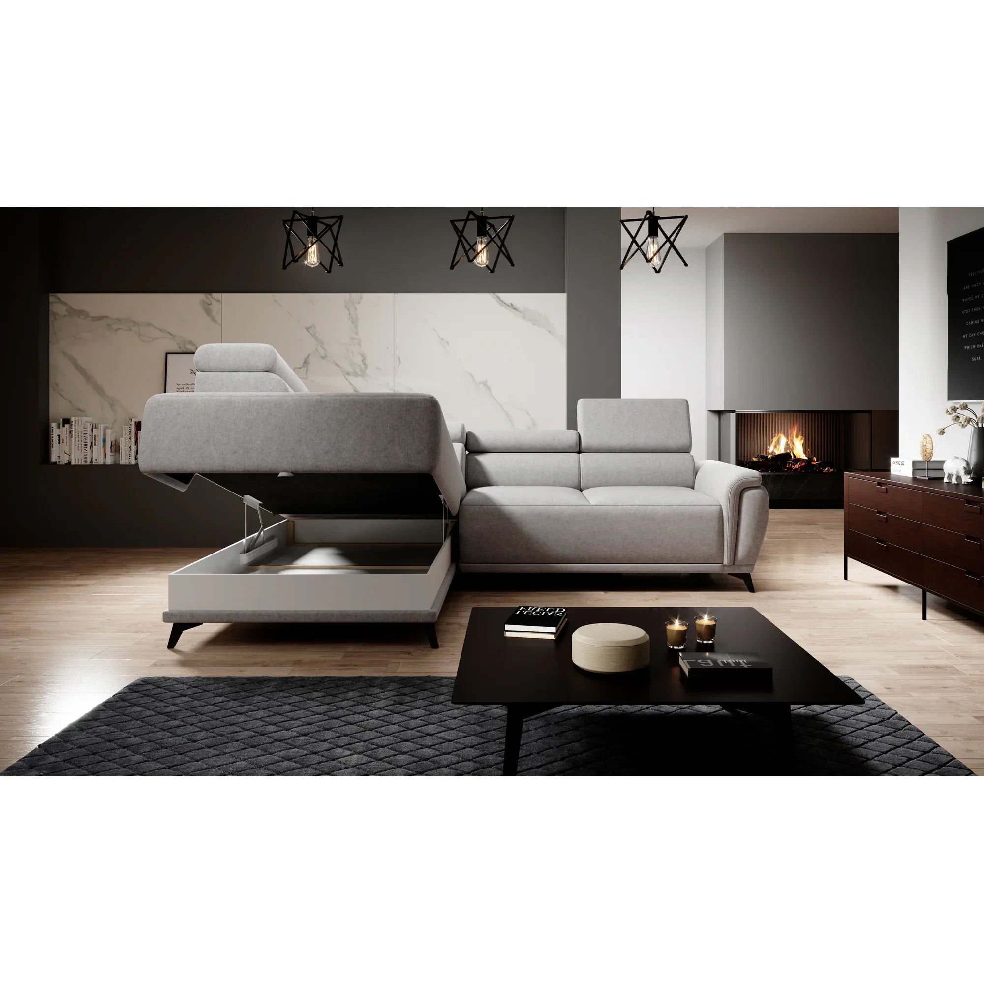 Coltar extensibil ATLANTA, sezlong stanga, stofa catifelata maro deschis - Palladium 4, Gama Premium, cu lada depozitare si tetiere reglabile, 281x203x98 cm